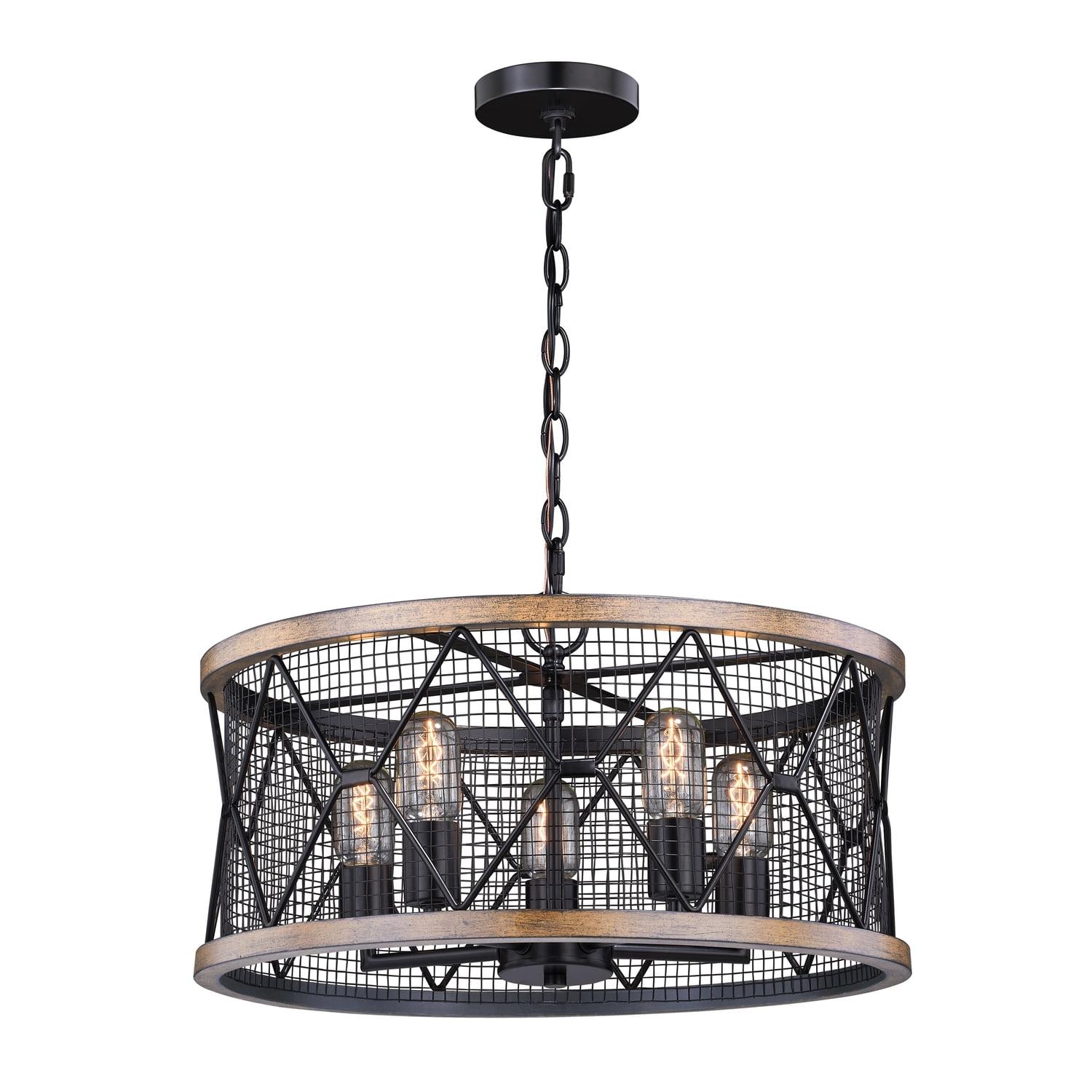 Bremerton 20" Bronze Cage Drum Chandelier with Burnished Teak Accents