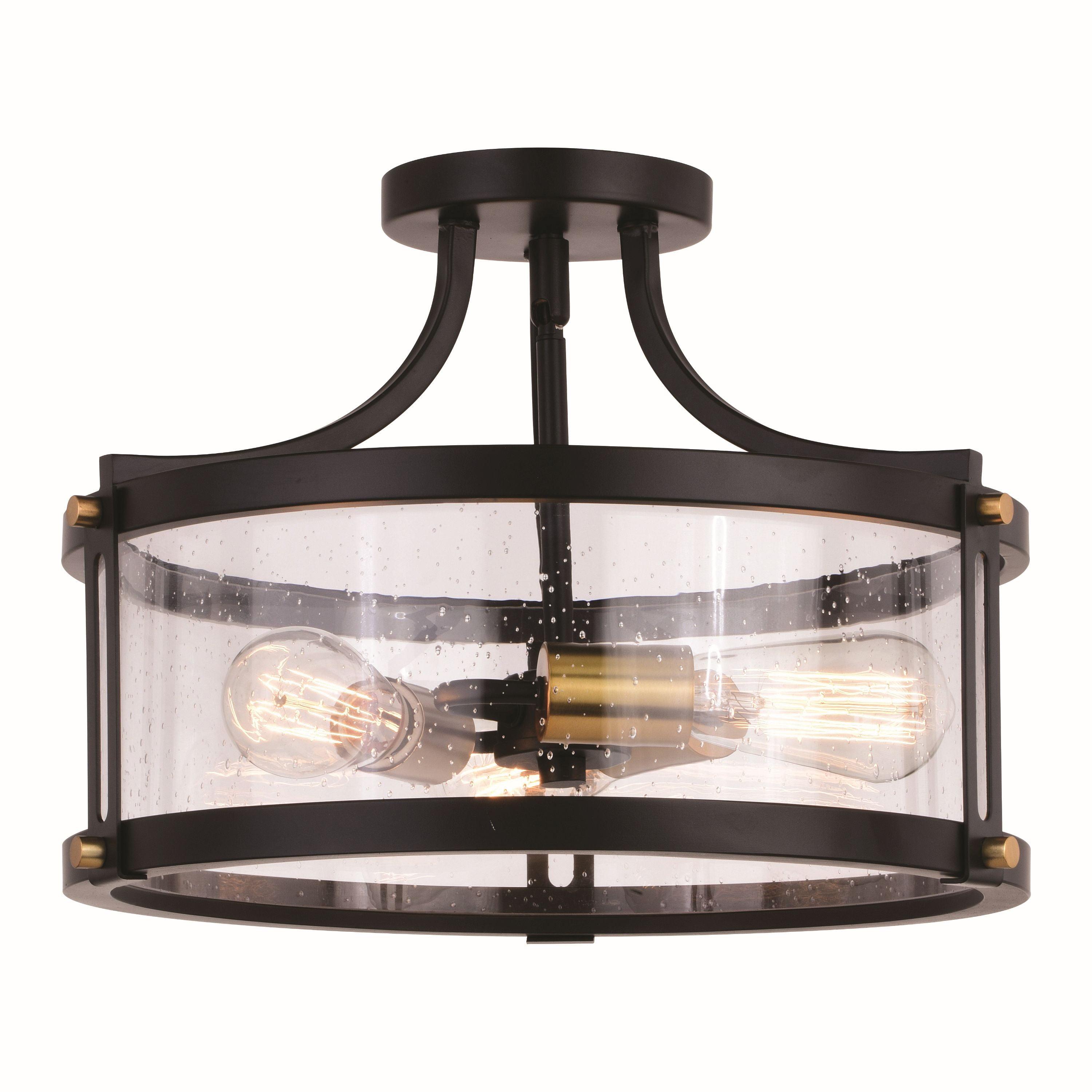 Holbrook 15.75" Matte Black & Satin Brass Drum Semi-Flush Mount with Clear Seeded Glass