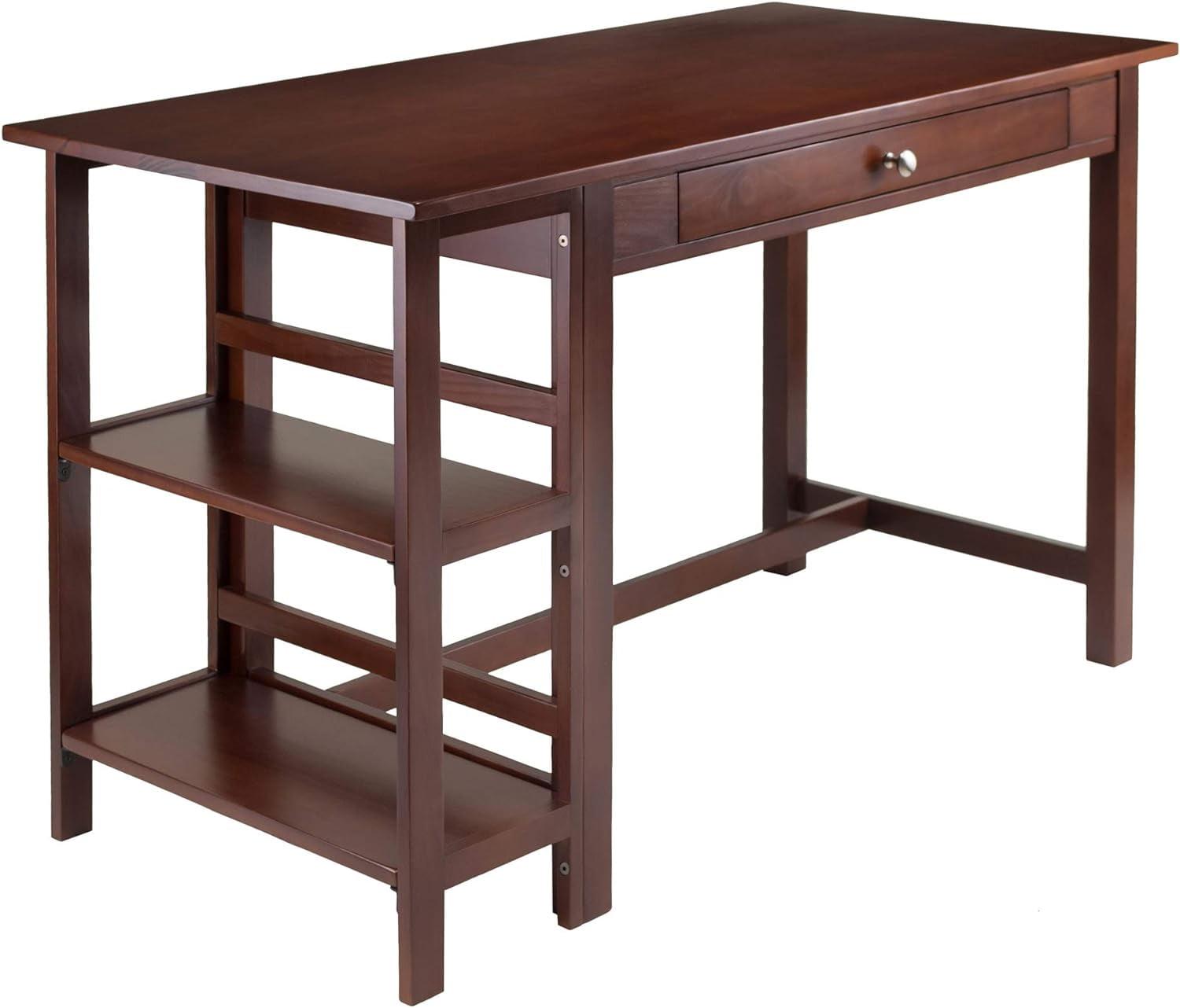 Transitional Walnut Wood Home Office Desk with Drawer and Shelves