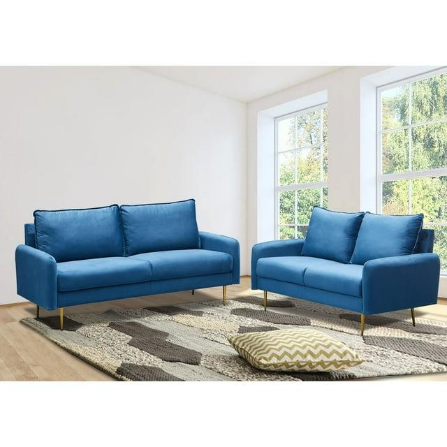 Velvet  2 Piece Loveseat and Sofa Living Room Set Prussian Blue