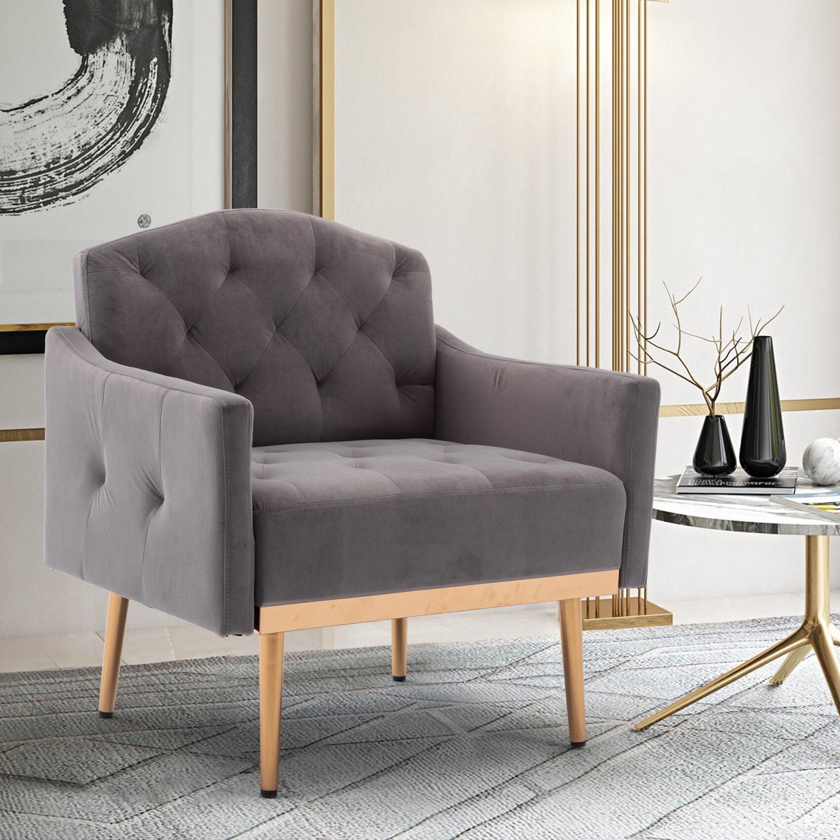 Velvet Accent Chair, Modern Wide Seat Single Sofa Armchair with Gold Metal Legs, Upholstered Button Tufted Reading Chair Club Chair for Living Room Bedroom Apartment, Gray