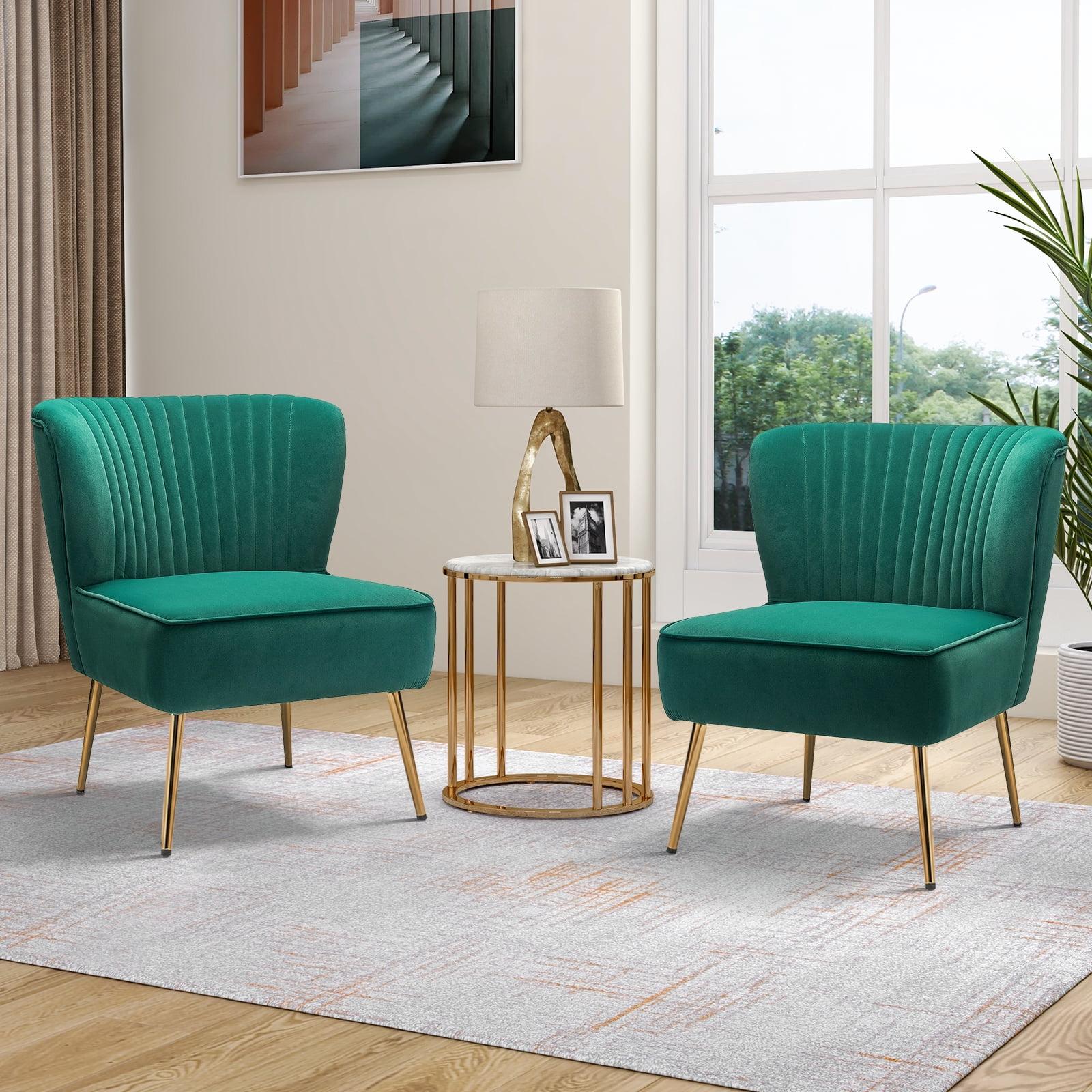 Velvet Accent Chair Set of 2 Upholstered Adult Side Chairs Gold Leg Home Bedroom Green