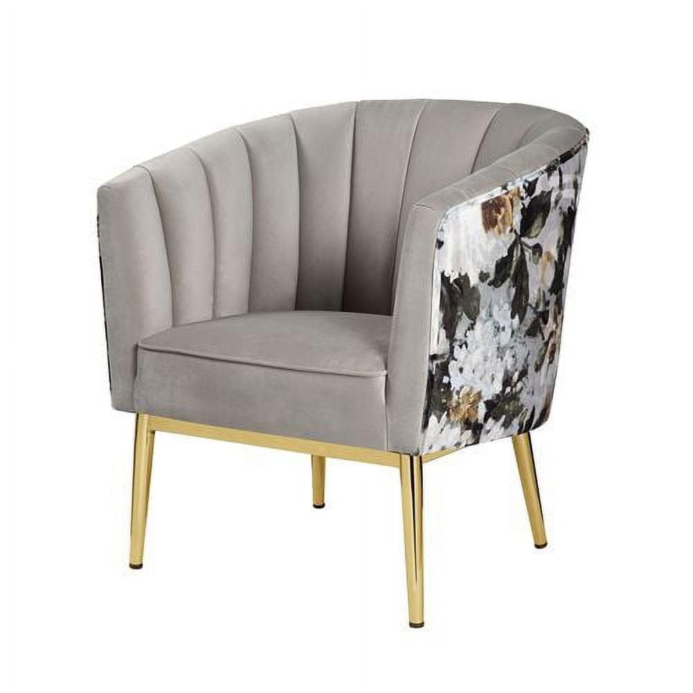 Floral Black Velvet Barrel Accent Chair with Wood Accents