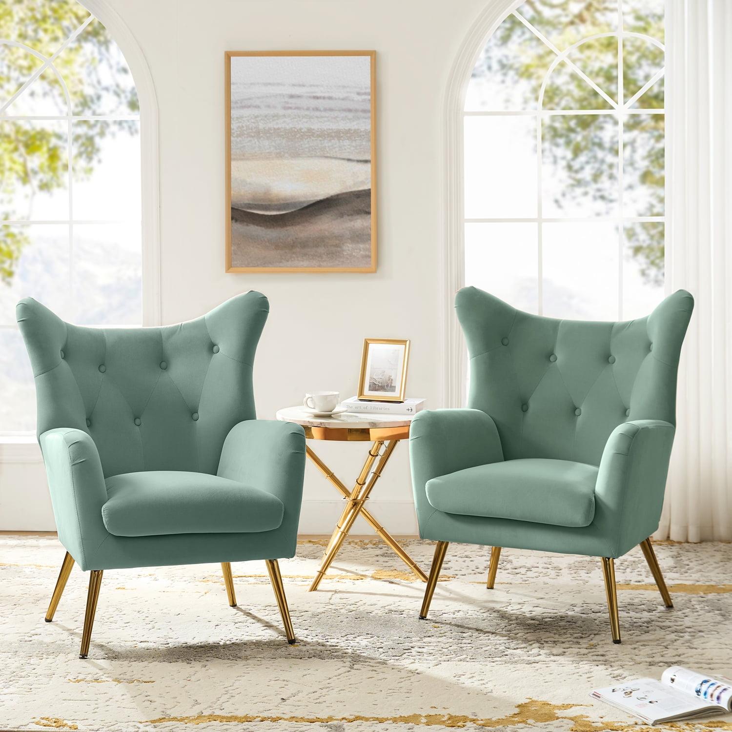 Sage Green Velvet Wingback Accent Chairs with Golden Metal Legs