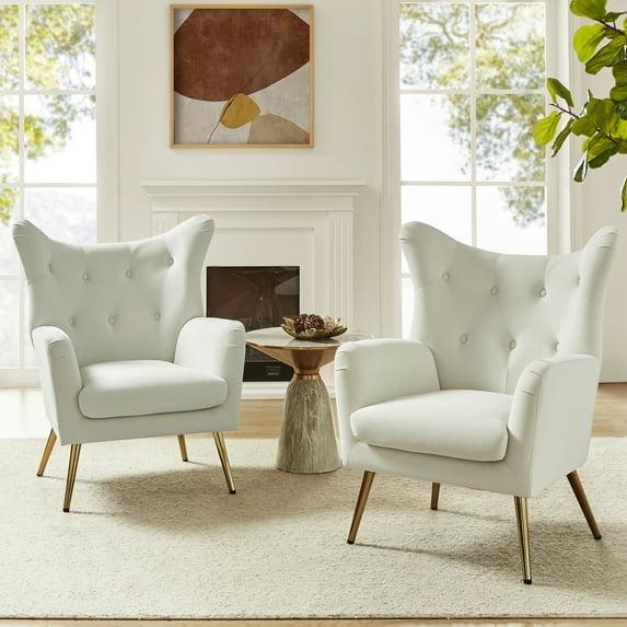 Velvet Accent Chairs Set of 2 Wingback Lounge Armchairs Sofa Upholstered Tufted Golden Leg Home Living Room Ivory