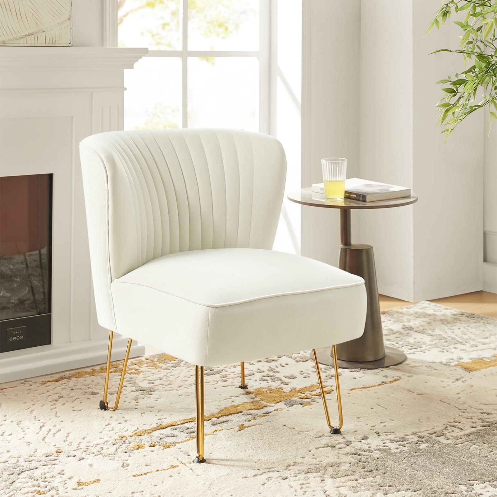 Velvet Armless Accent Chair Gold Metal Legs Modern Upholstered Single Sofa Home Living Room Ivory