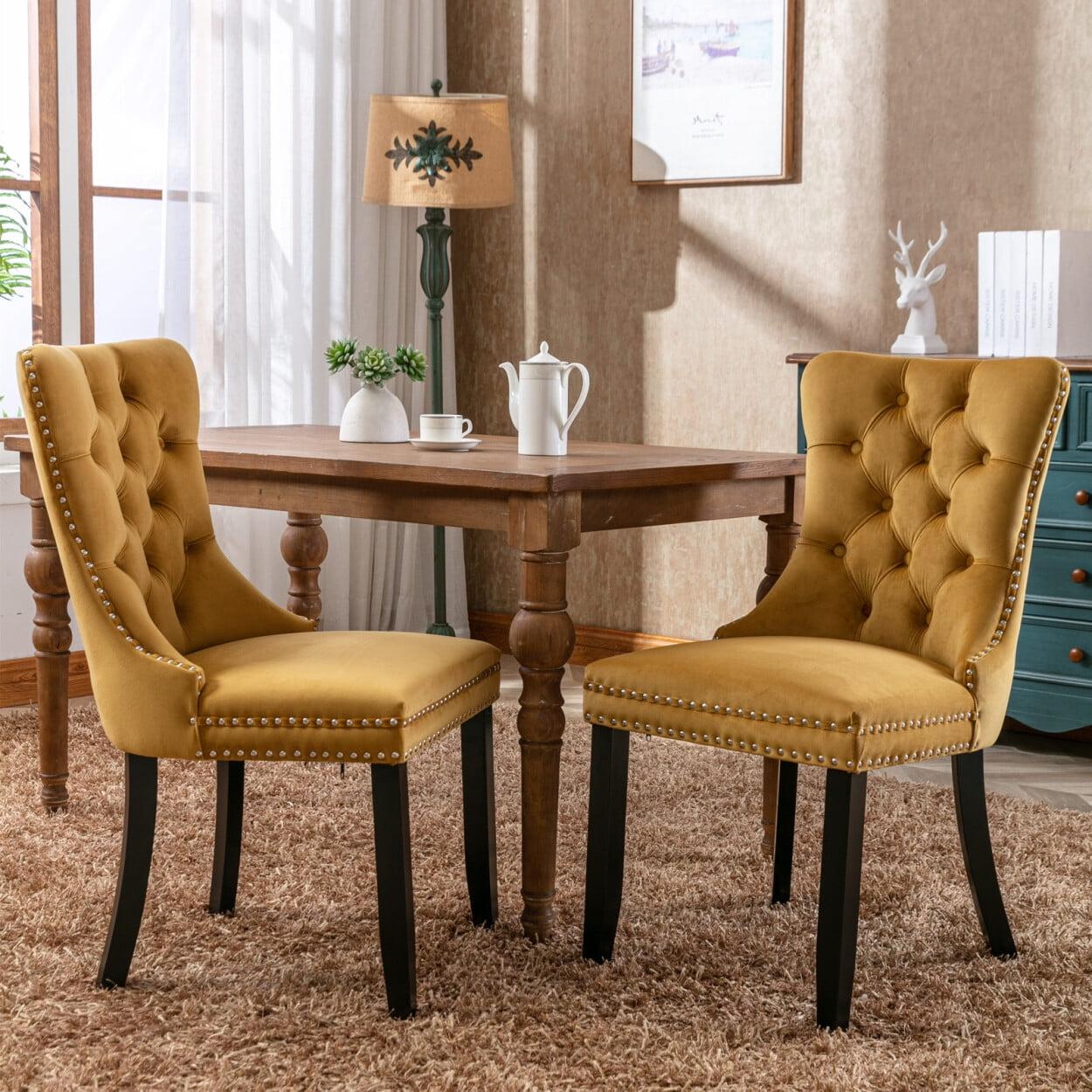 Gold Velvet Tufted Dining Chairs with Black Wood Legs, Set of 2