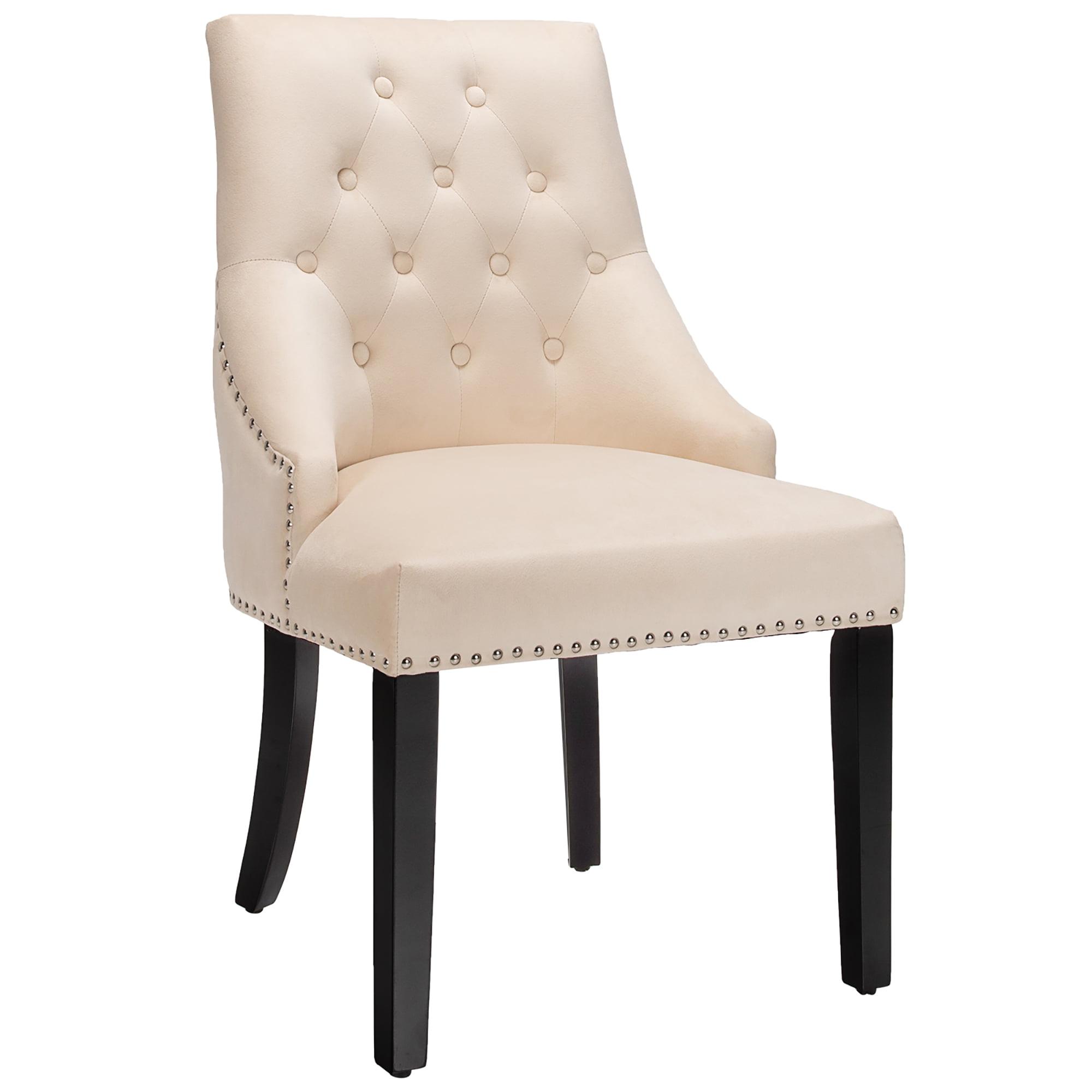 Velvet Dining Chair Upholstered Tufted Armless w/ Nailed Trim & Ring Pull Beige