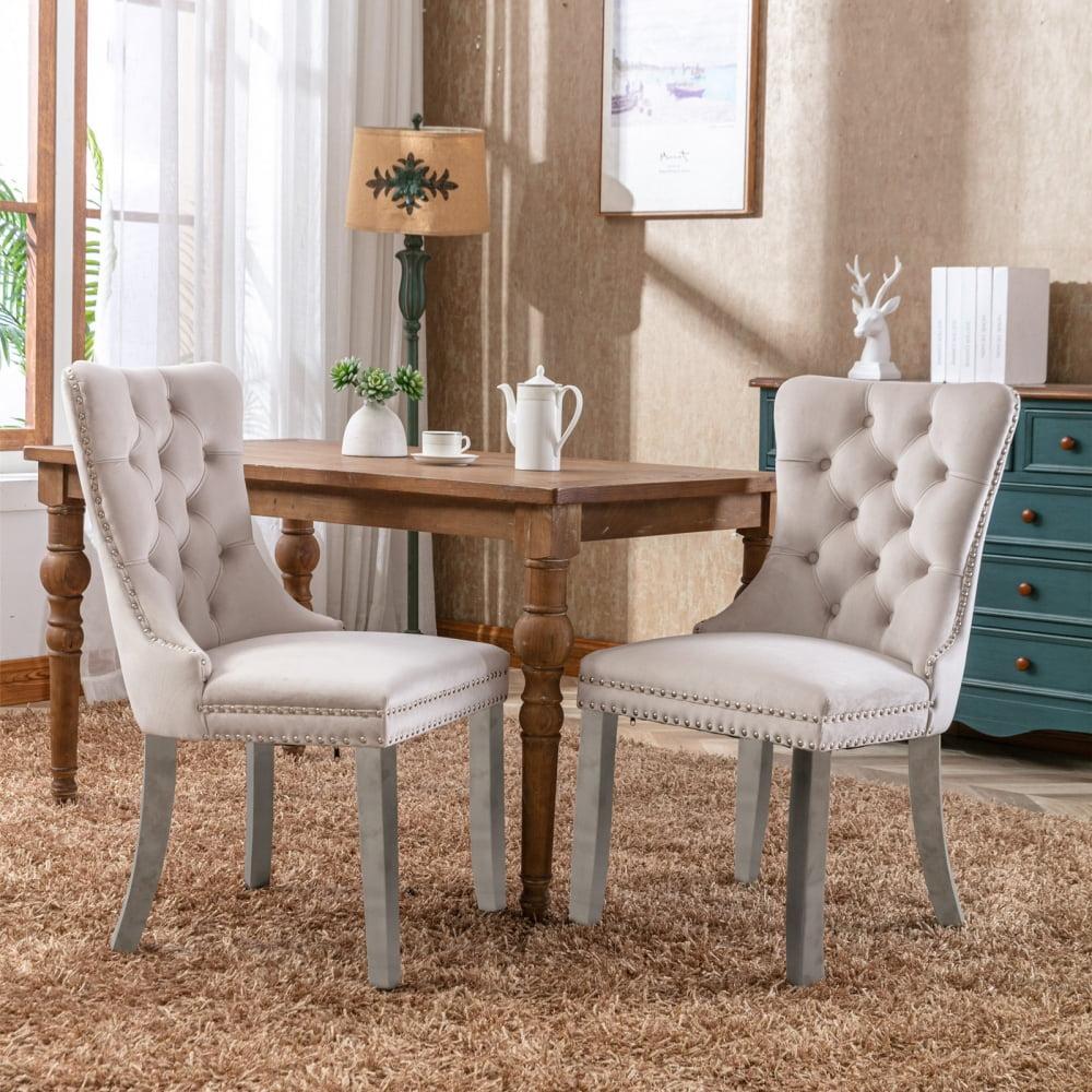 Beige Velvet Upholstered Tufted Side Chair with Nailhead Trim