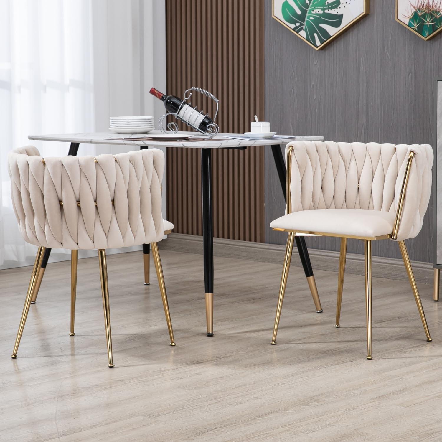 Velvet Dining Chairs Set of 2, Upholstered Dining Room Chairs with Arm & Gold Legs, Modern Accent Chairs Dining Chair for Kitchen, Vanity, Living Room (Beige)