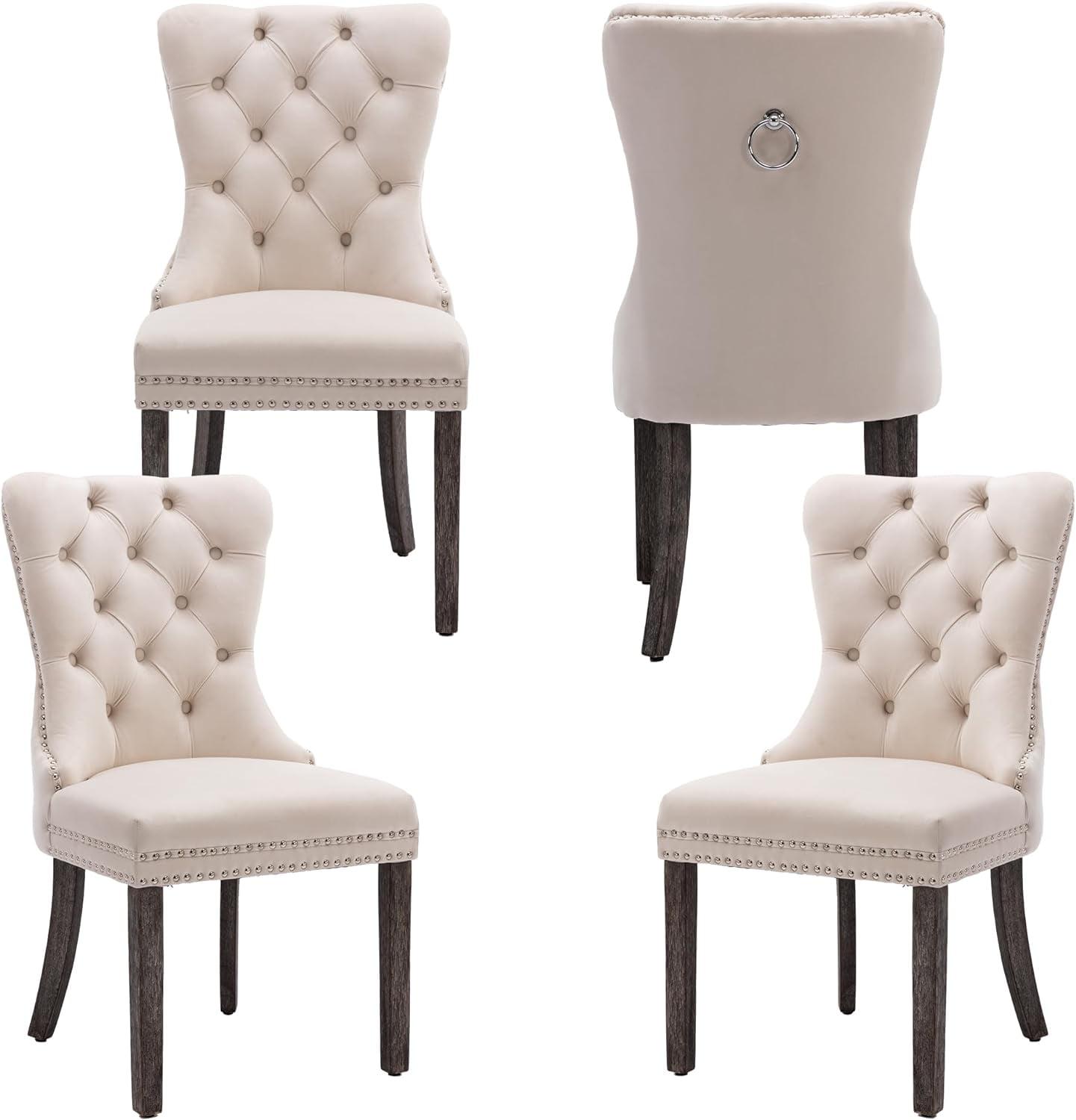 Beige Velvet Upholstered Dining Chairs with Wood Legs, Set of 4