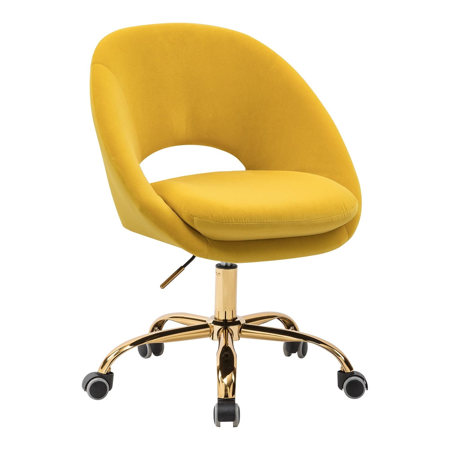 Velvet Swivel Rolling Home Office Chair Height Adjustable Computer Task Chair Metal Base Bedroom Yellow