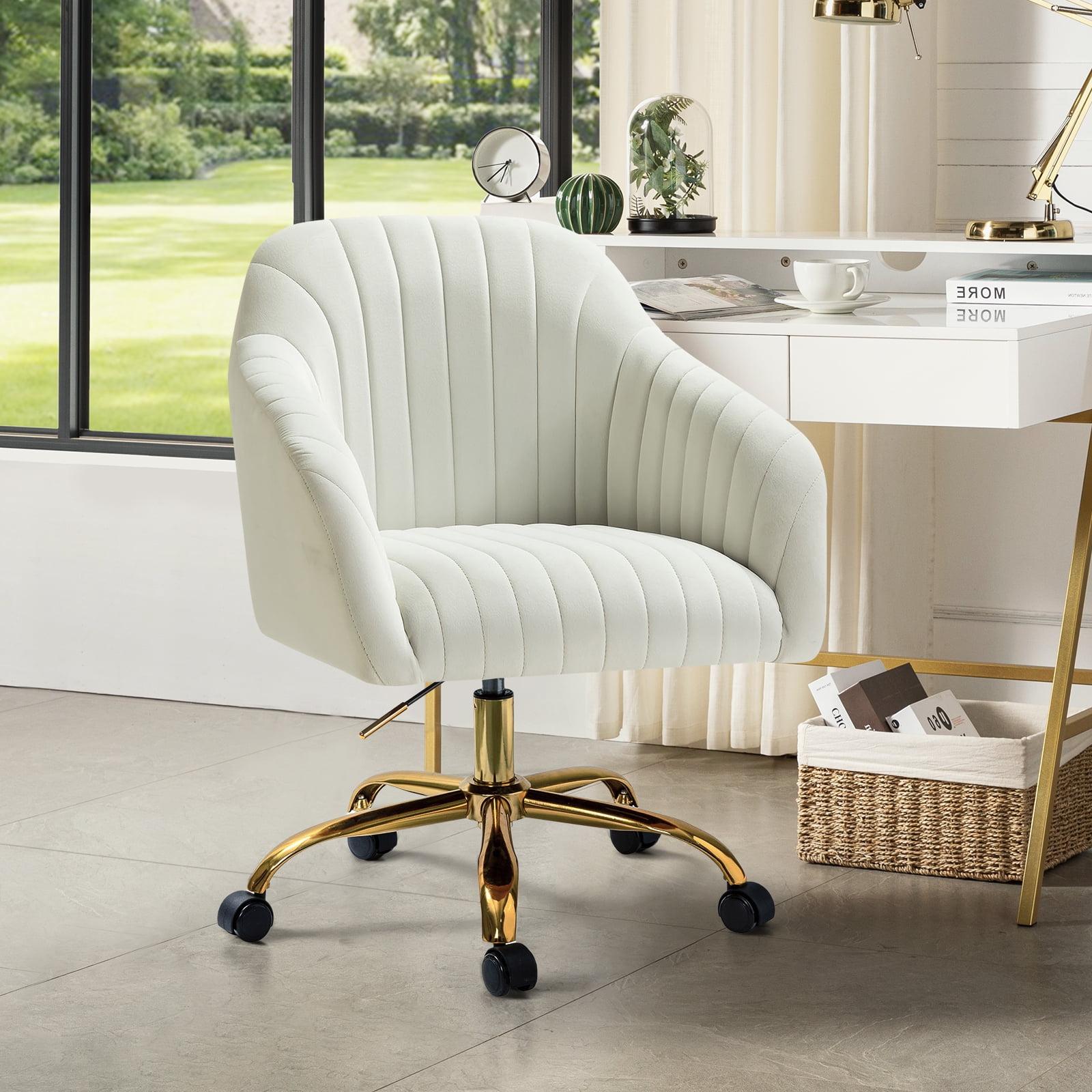 Ivory Velvet Swivel Task Chair with Golden Metal Legs