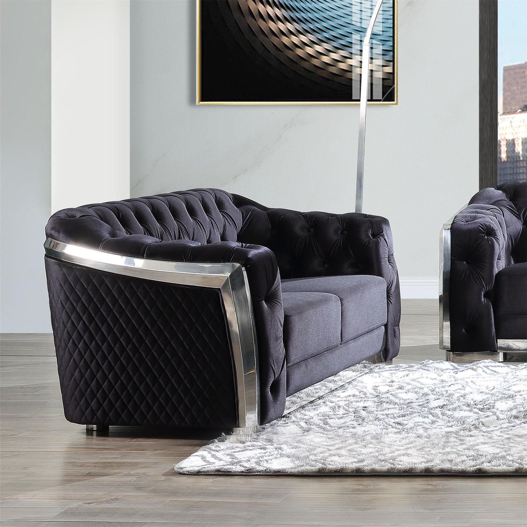 Black Velvet Chesterfield Loveseat with Chrome Trim