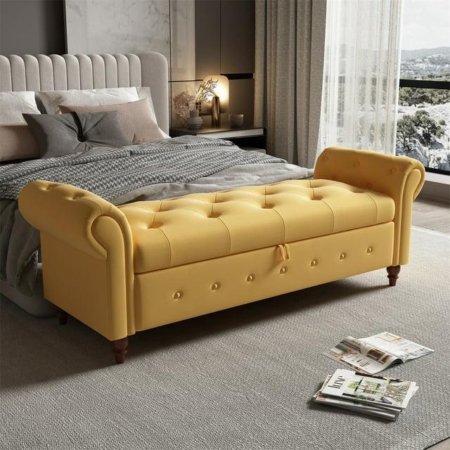 Velvet Ottoman with Storage,Button Tufted Storage Ottoman Bench,End Bed Storage Bench,Upholstered Long Bench with Rolled Arm and Solid Wood Legs for Bedroom LivingRoom,Multifunction Sofa Stool,Yellow
