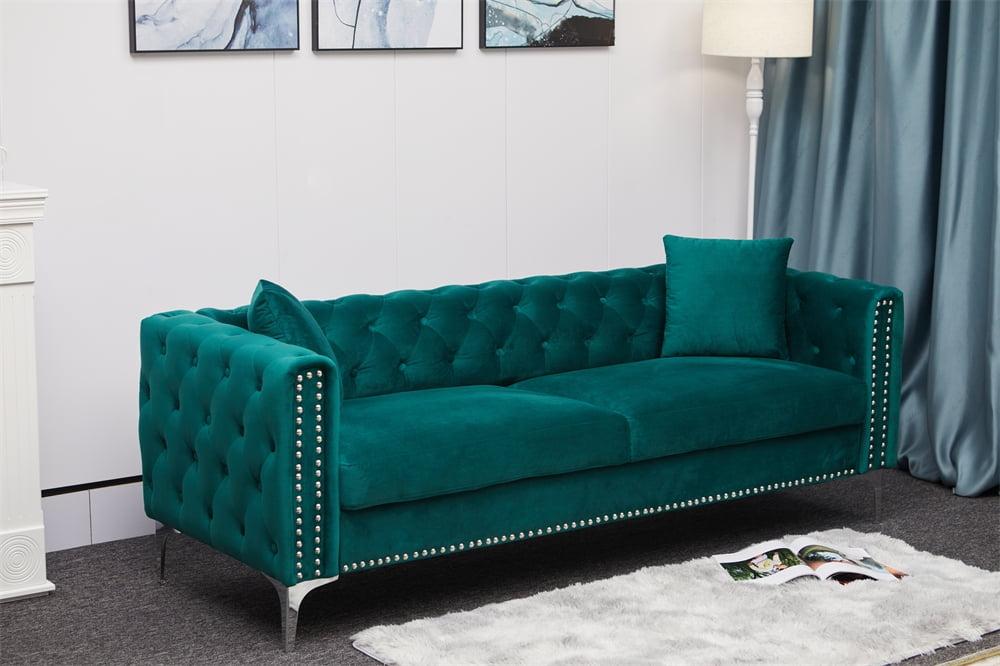 Green Tufted Velvet Sofa with Silver Metal Feet