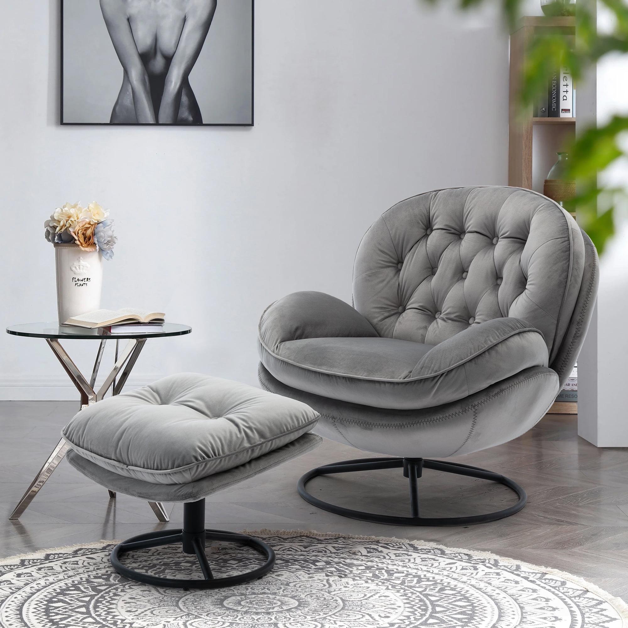 Velvet Swivel Accent Chair with Ottoman Set, Modern Lounge Chair with Footrest and Metal Base Comfy Armchair with 360 Degree Swiveling Single Sofa Chair Accent Chairs for Living Room, Gray