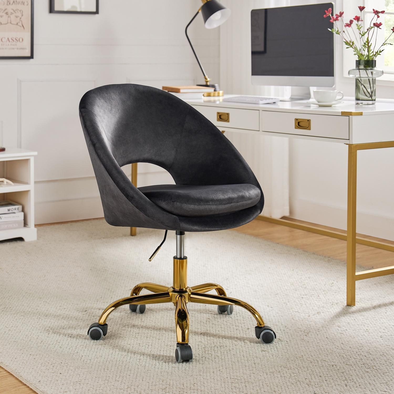 Velvet Swivel Rolling Home Office Chair Height Adjustable Computer Task Chair Metal Base Bedroom Charcoal