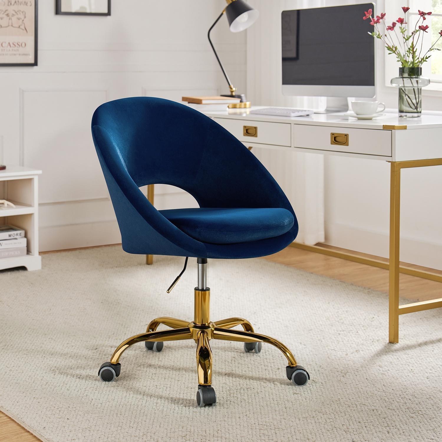 Ergonomic Navy Velvet Swivel Task Chair with Gold Metal Base