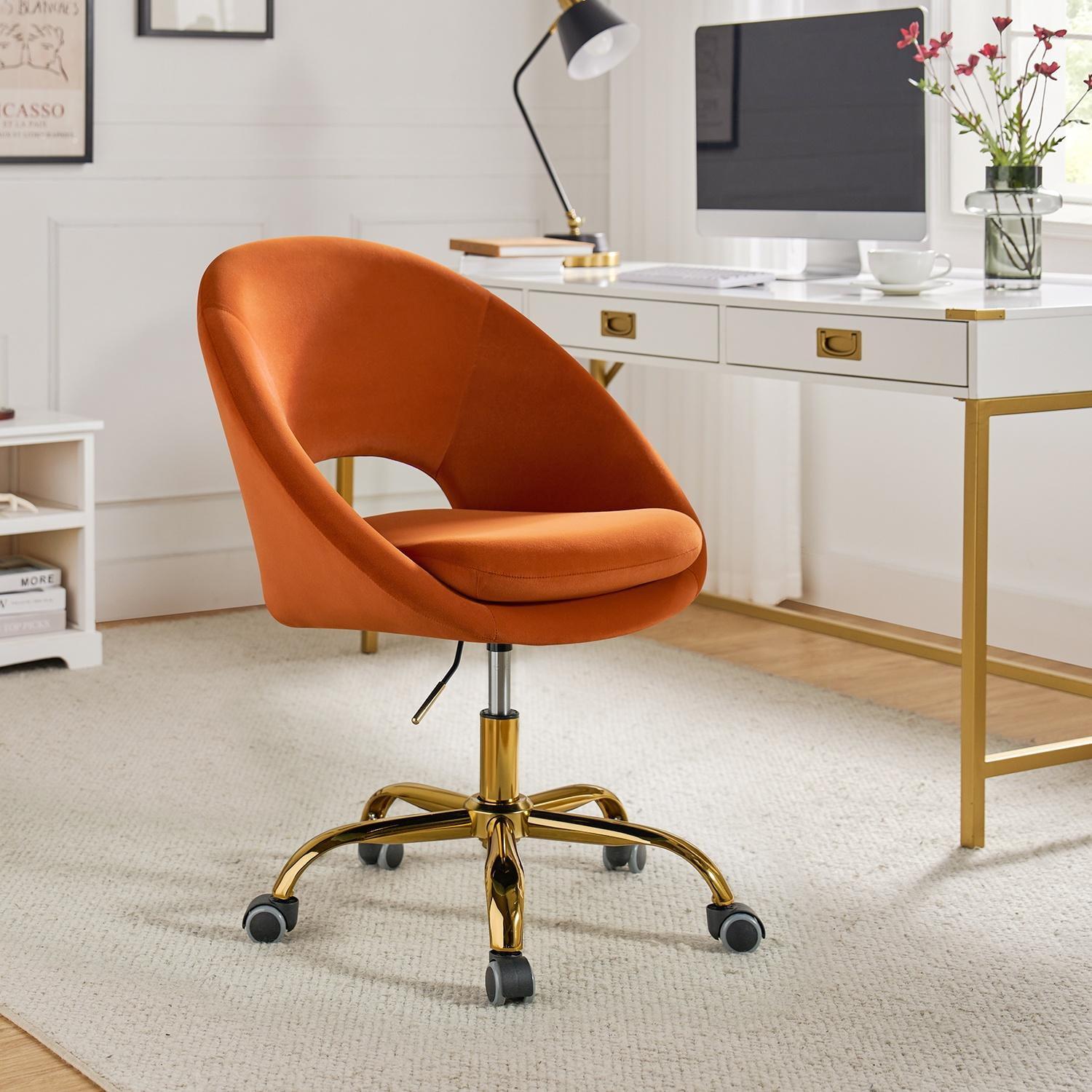 Velvet Swivel Rolling Home Office Chair Height Adjustable Computer Task Chair Metal Base Bedroom Orange