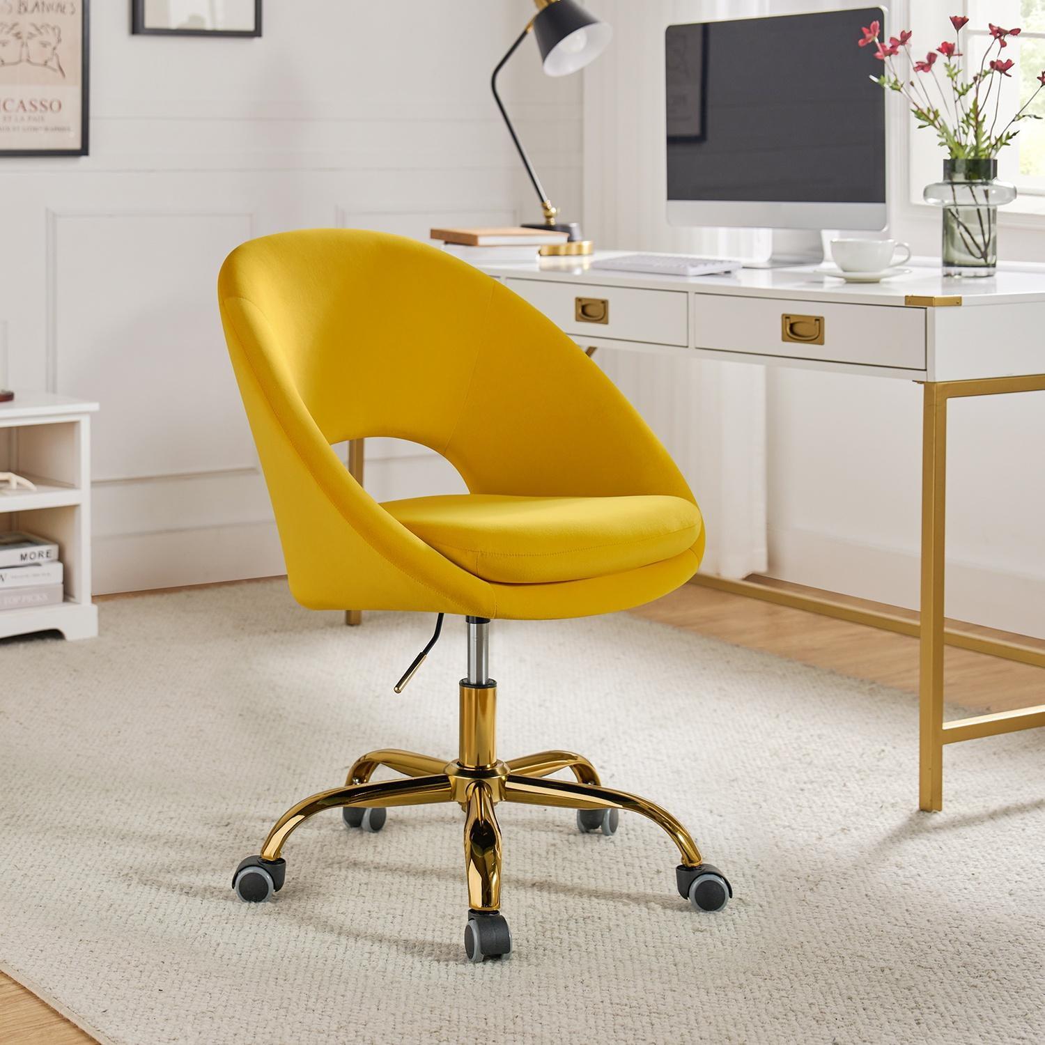 Velvet Swivel Rolling Home Office Chair Height Adjustable Computer Task Chair Metal Base Bedroom Yellow