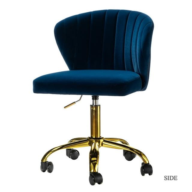 Navy Velvet Swivel Office Chair with Gold Legs, Adjustable Height Rolling Desk Chair for Vanity
