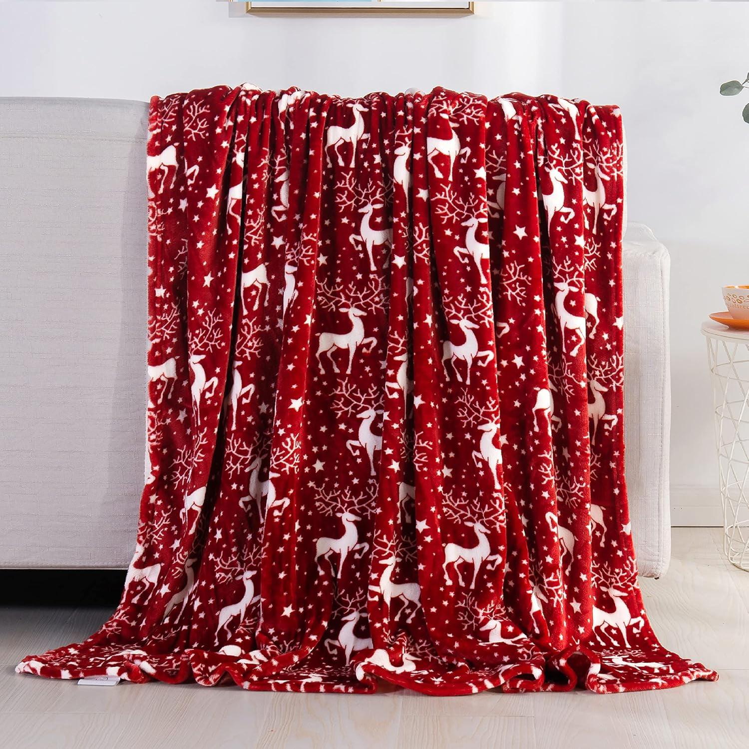 Elegant Comfort Velvet Touch Ultra Plush Christmas Holiday Printed Fleece Throw/Blanket-50 x 60inch, (Reindeer Stars), 50 x 60 inch