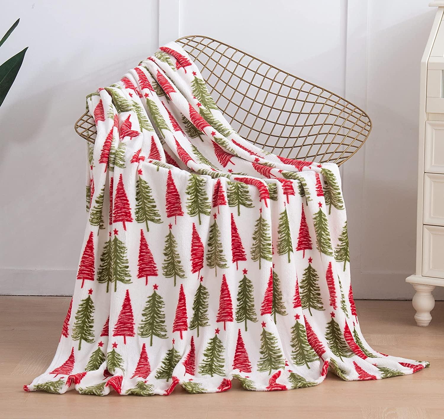 Cream and Red Christmas Tree Fleece Throw Blanket 50 x 60 Inch