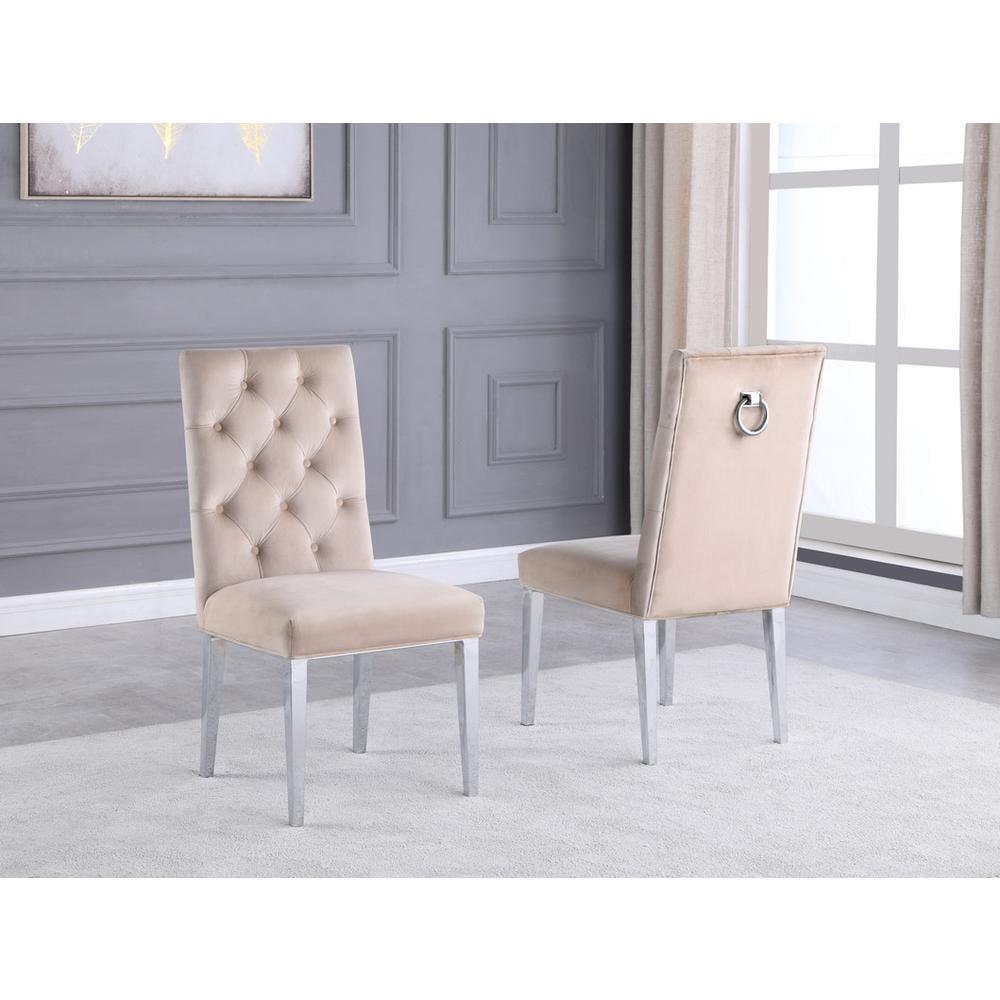 Velvet Tufted Side Chairs in Cream with Silver Chrome Legs (Set of 2)