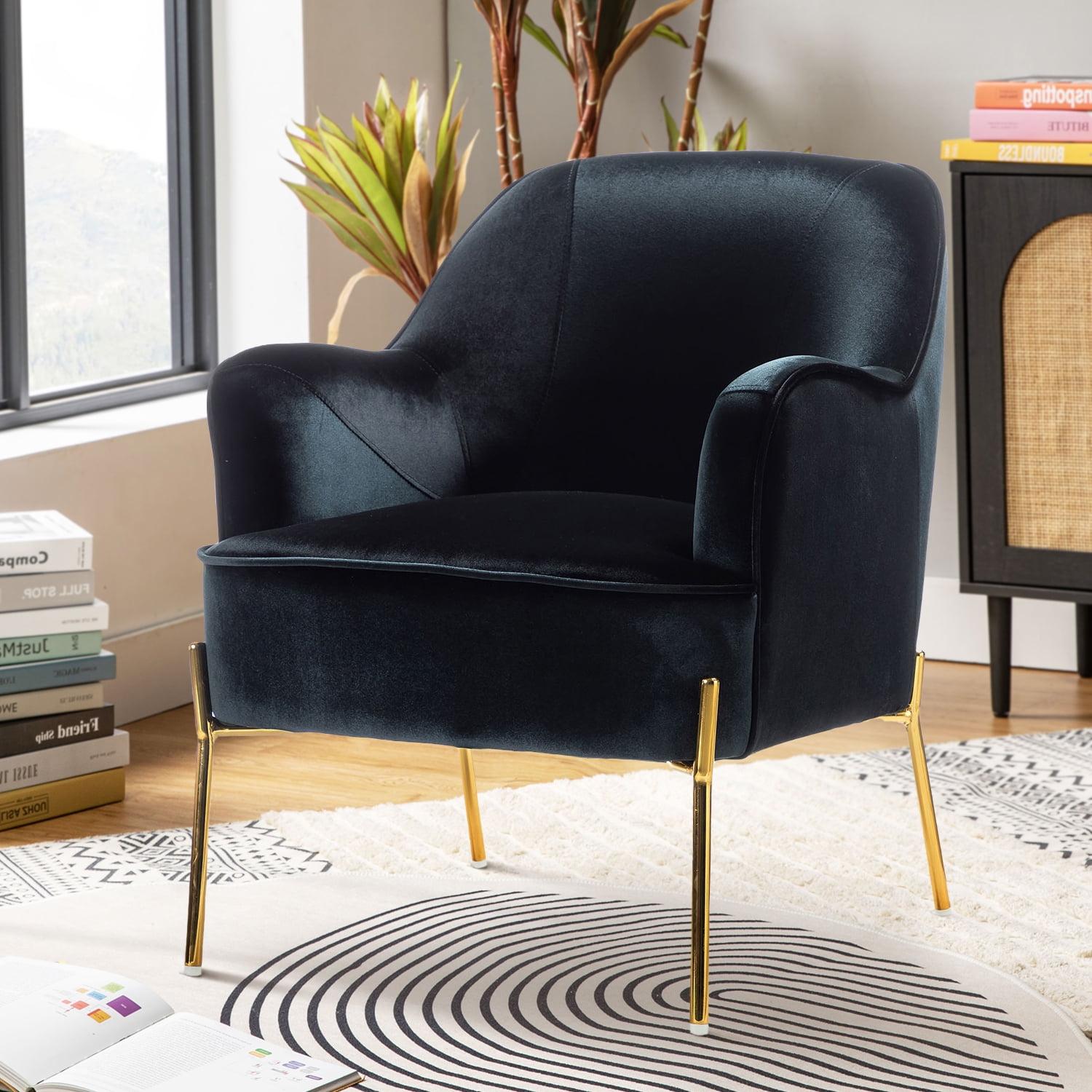 Elegant Black Velvet Curved Backrest Accent Chair with Golden Metal Legs