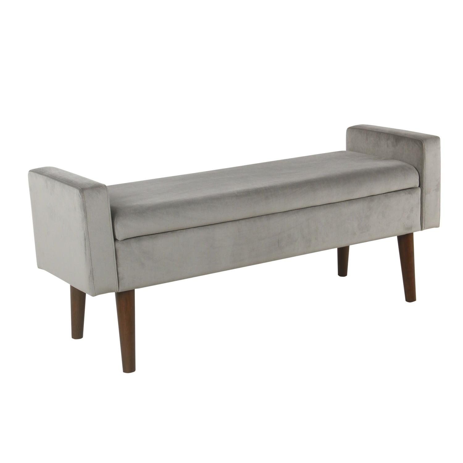 Modern Gray Velvet Upholstered Storage Bench with Tapered Wooden Feet