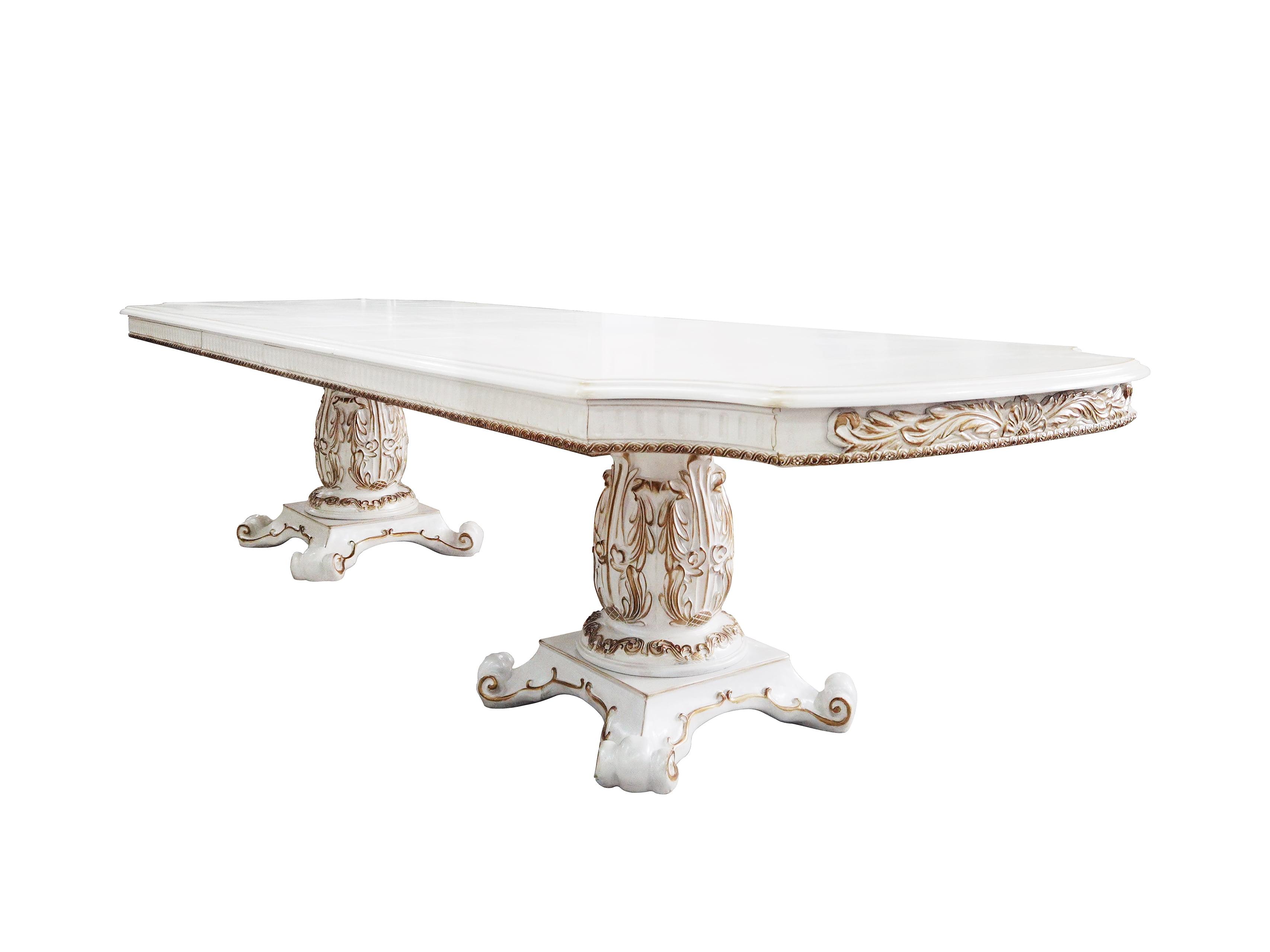 120" Vendome Dining Table Antique Pearl Finish - Acme Furniture: Double Pedestal, Gold Accents, 8 Seats