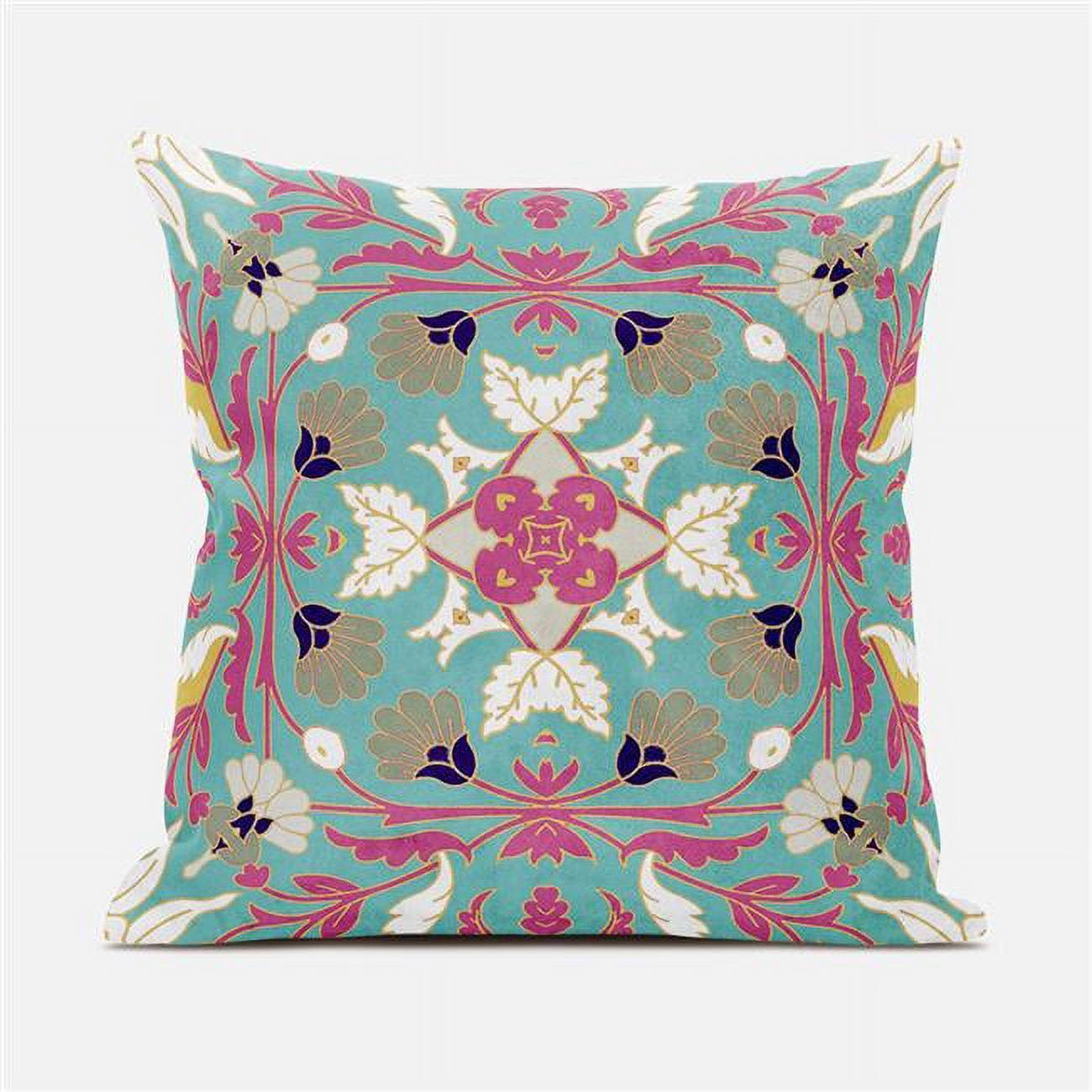 Mint Pink Floral Paisley Faux Suede Throw Pillow 16x16