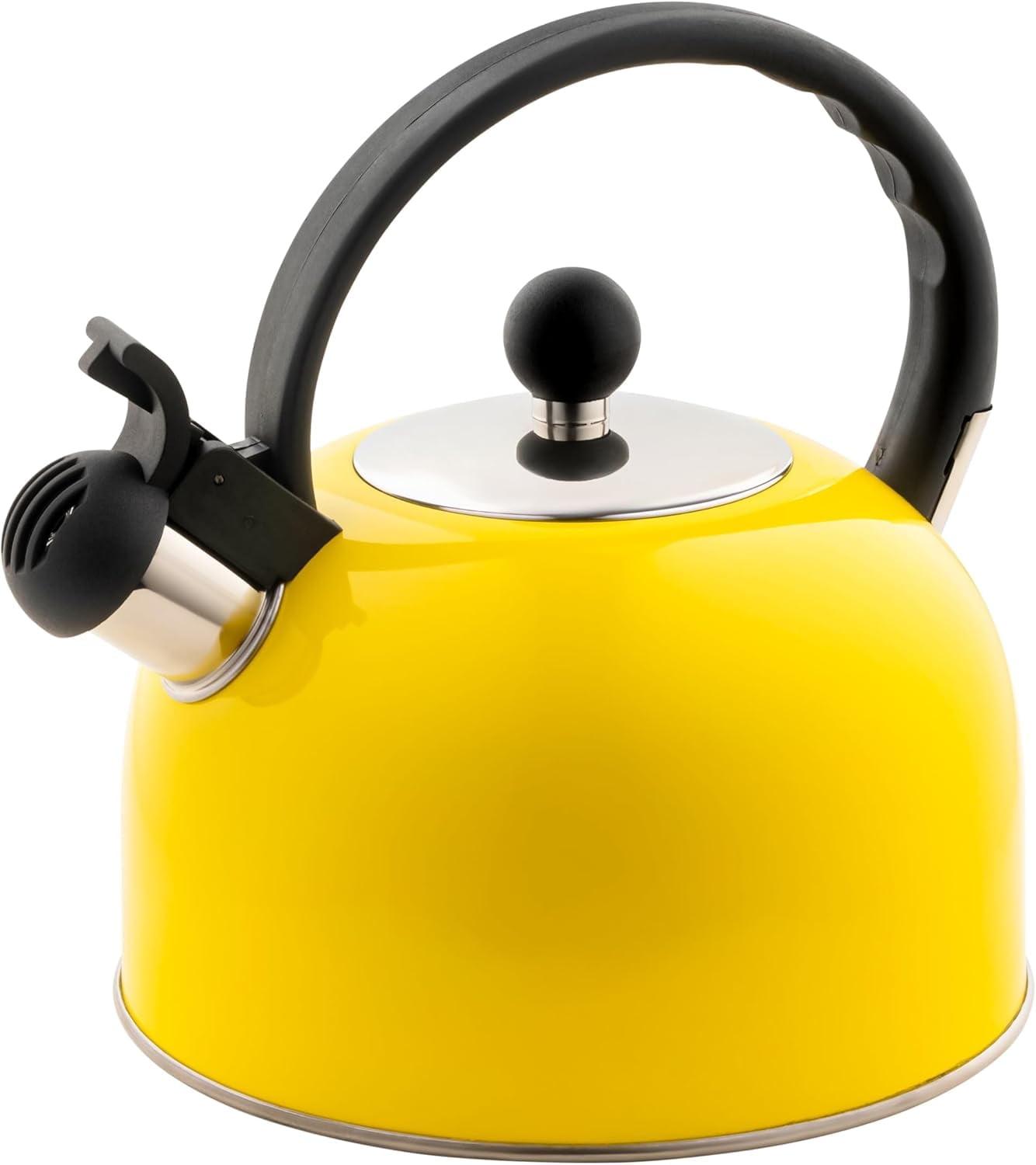 Venoly 2.5 Liter Whistling Tea Kettle - Modern Stainless Steel Whistling Tea Pot for Stovetop Hot Water Boiler with Cool Grip Ergonomic Handle (Lemon Yellow, 2.5 Quarts/Liters)