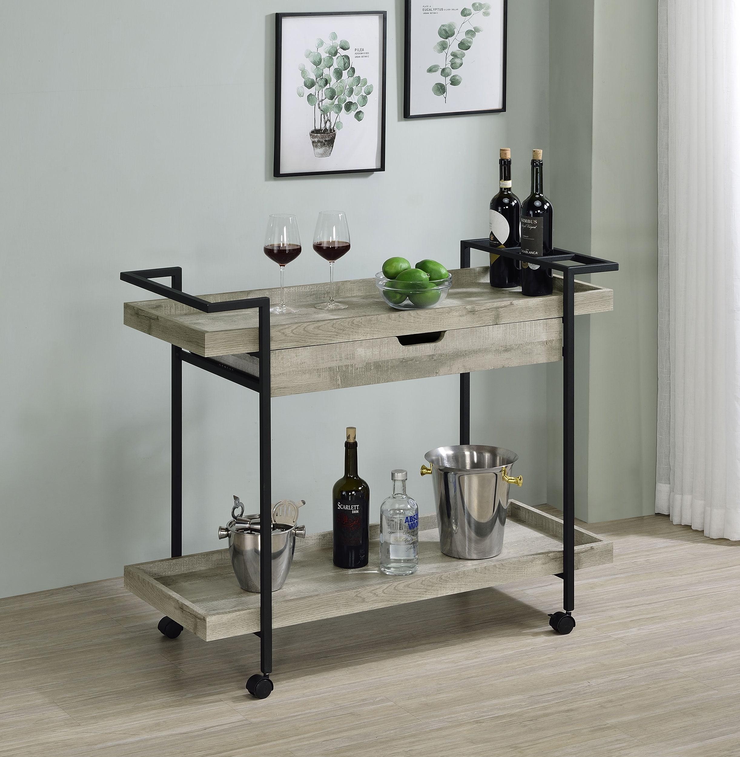 Coaster Ventura Coastal 2 Tier Wood Bar Cart with Storage Drawer Gray Driftwood