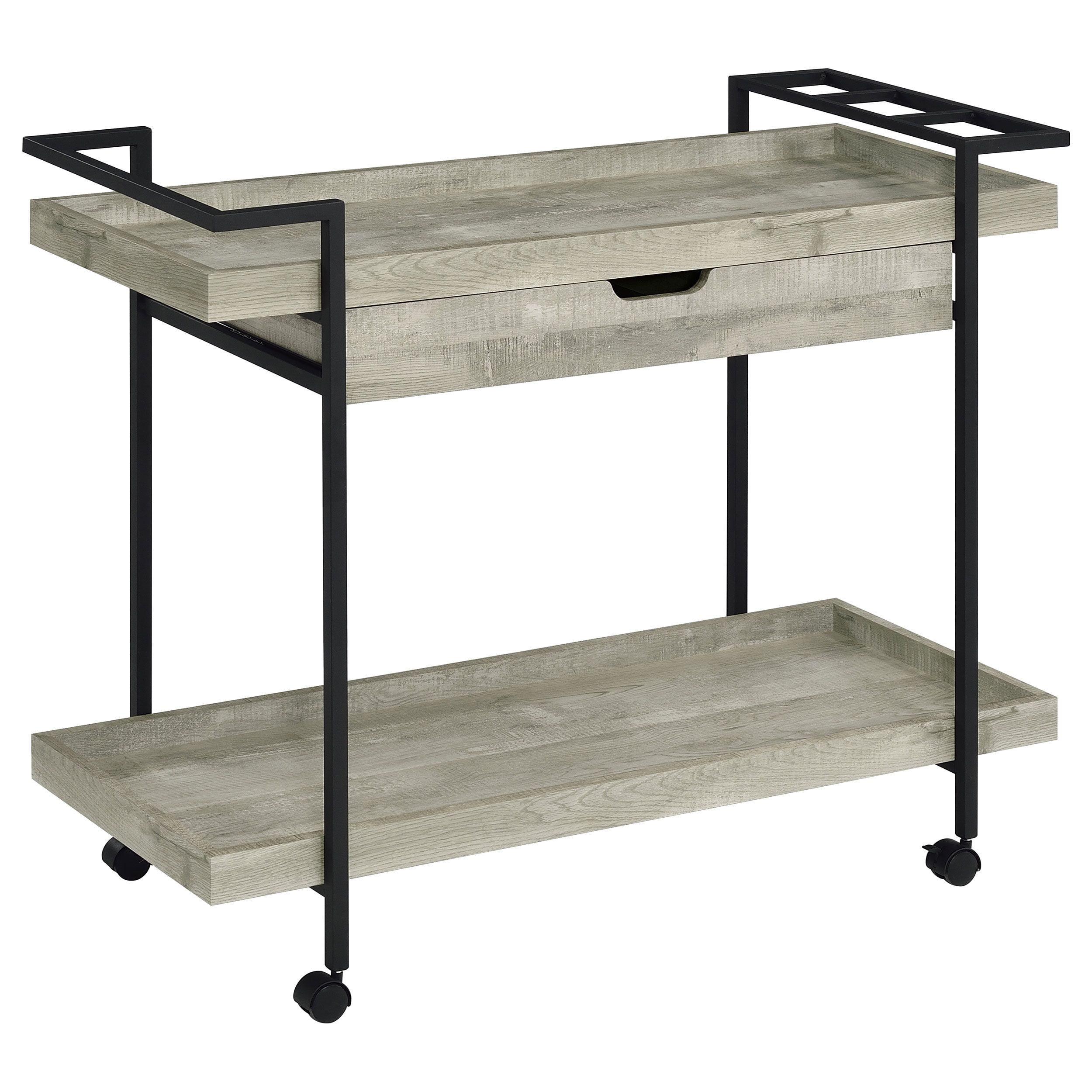 Gray Driftwood Industrial Bar Cart with Storage and Wine Rack