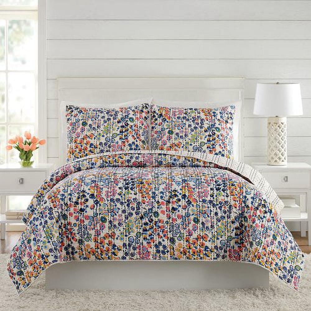 Full Blue Cotton Reversible Boho-Chic Quilt Set