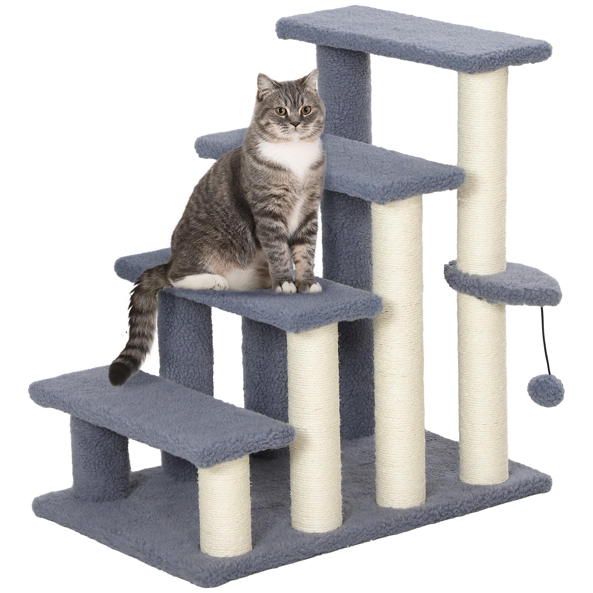 4 Levels Cat Steps, Pet Stairs Carpeted Ladder, Kitten Tree Climber With Scratching Posts, Hanging Play Ball, Side Step, For High Bed, Sofa, Gray