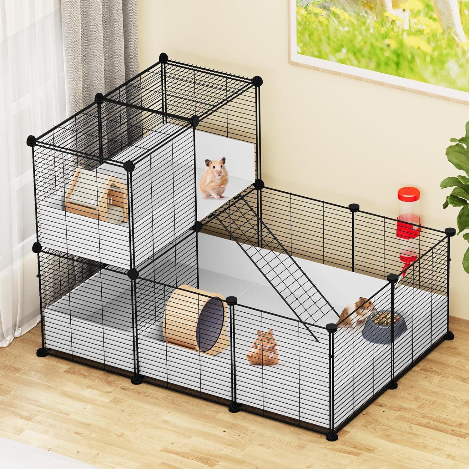 Black Metal Guinea Pig Cage with Waterproof Liner and Loft