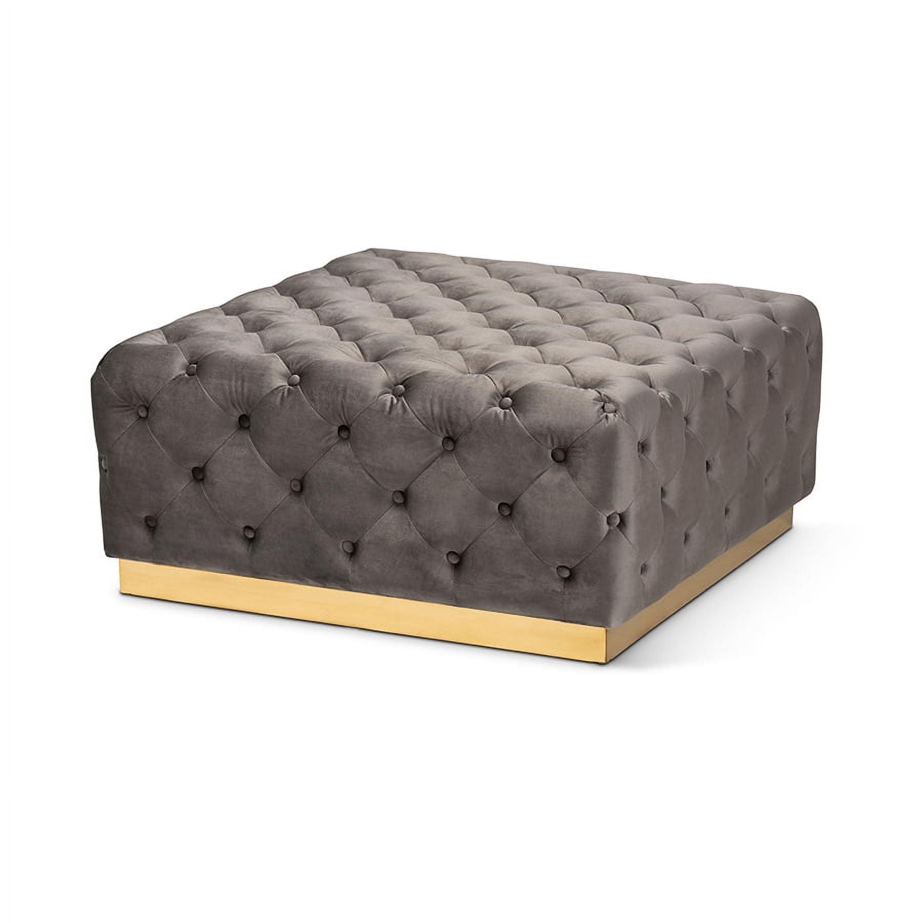 Verene Luxe Grey Velvet and Gold Square Tufted Ottoman