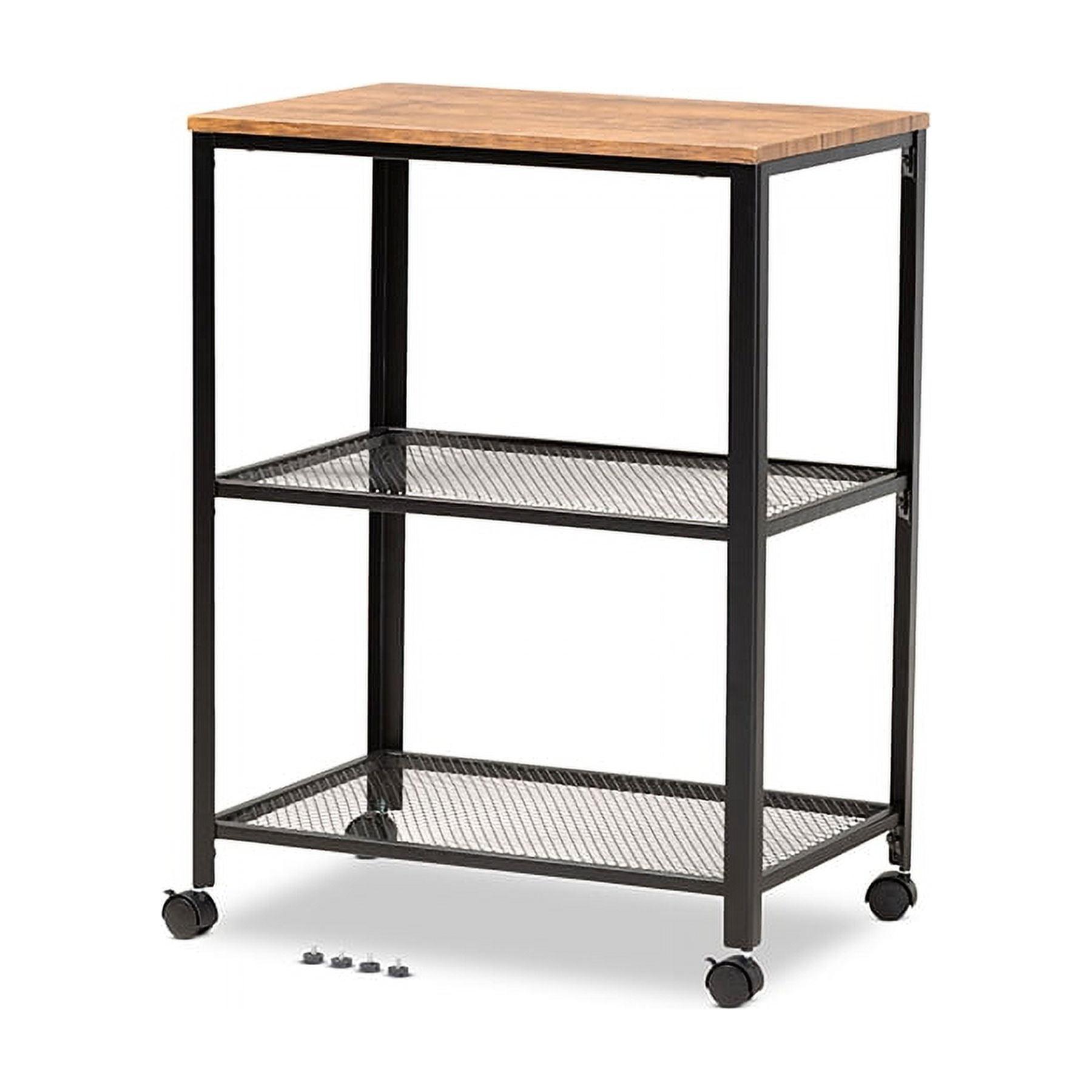 Verna Oak Brown and Black Wood Kitchen Serving Cart with Storage