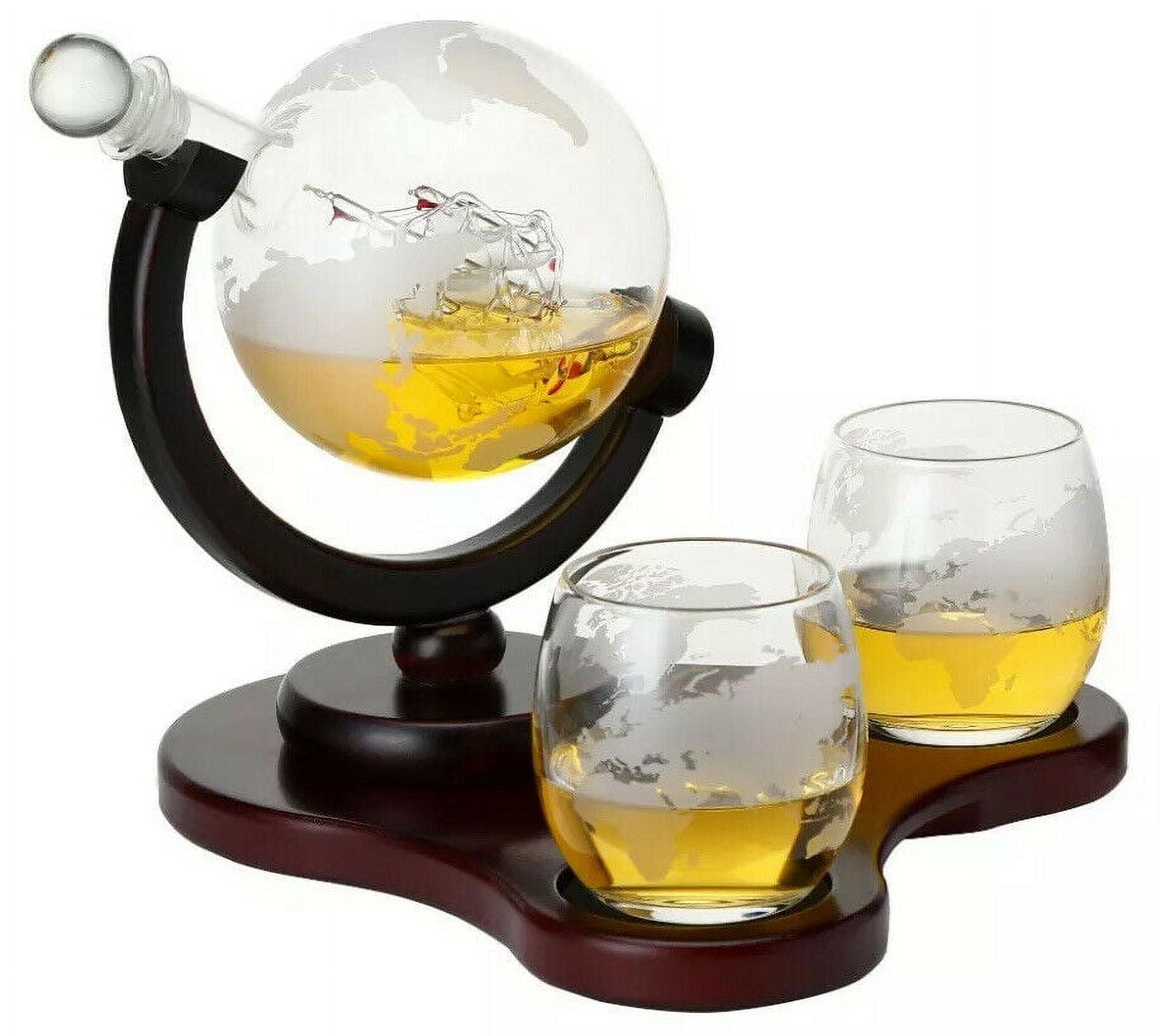 Handcrafted Glass Globe Whiskey Decanter Set with Mahogany Stand