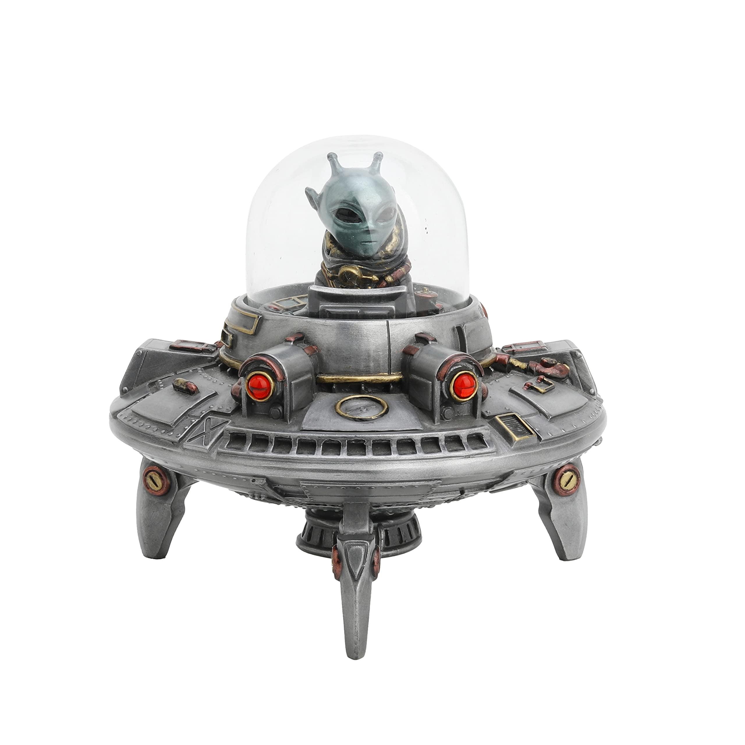 Pewter Finish Resin Alien UFO Statue with Glass Dome