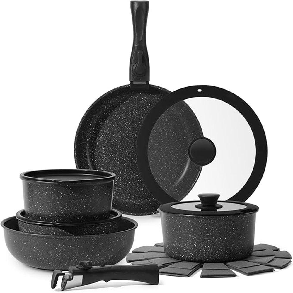 Soday 15 Pcs Removable Handle Cookware,Cooking Nonstick Cookware Set,PFAS & PFOA Free,Black