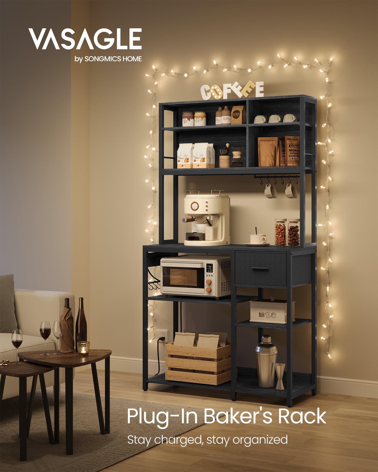 VASAGLE Bakers Rack with Charging Station, Coffee Bar with Adjustable Storage Shelves, 15.7 x 39.4 x 71 Inches, Kitchen Microwave Stand, Charcoal Gray