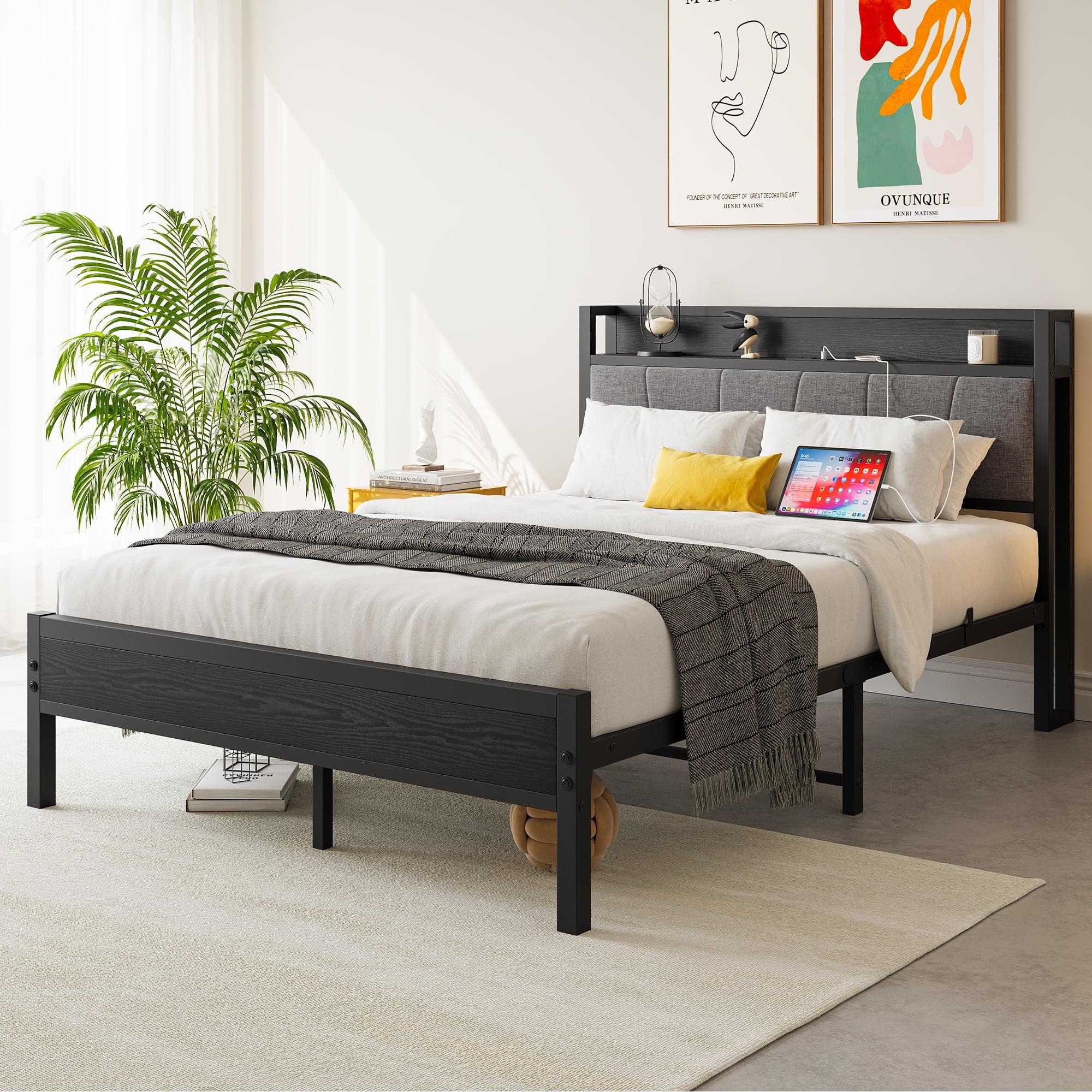 Bed Frame, Storage Headboard with Charging Station