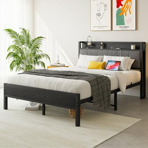Bed Frame, Storage Headboard with Charging Station