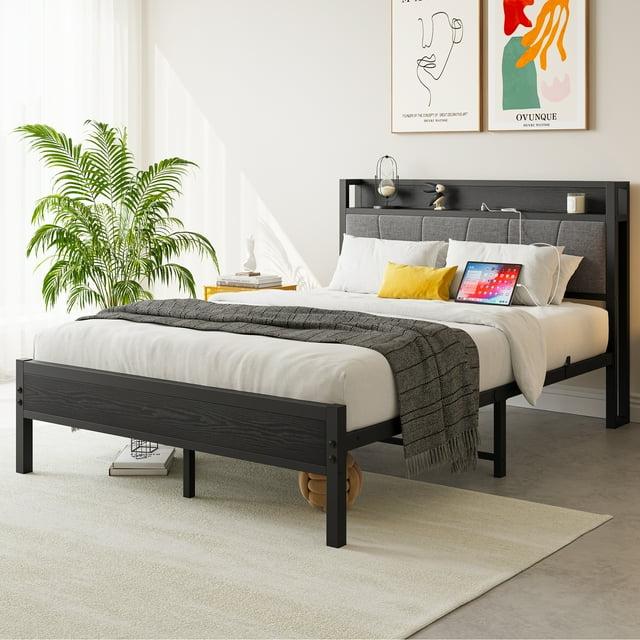 Bed Frame, Storage Headboard with Charging Station