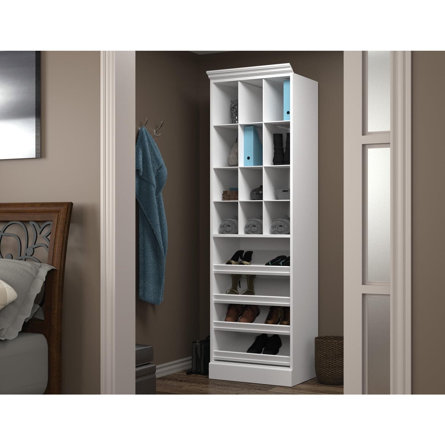 Modern White 25" Cubby Storage Tower with Slanted Shelves