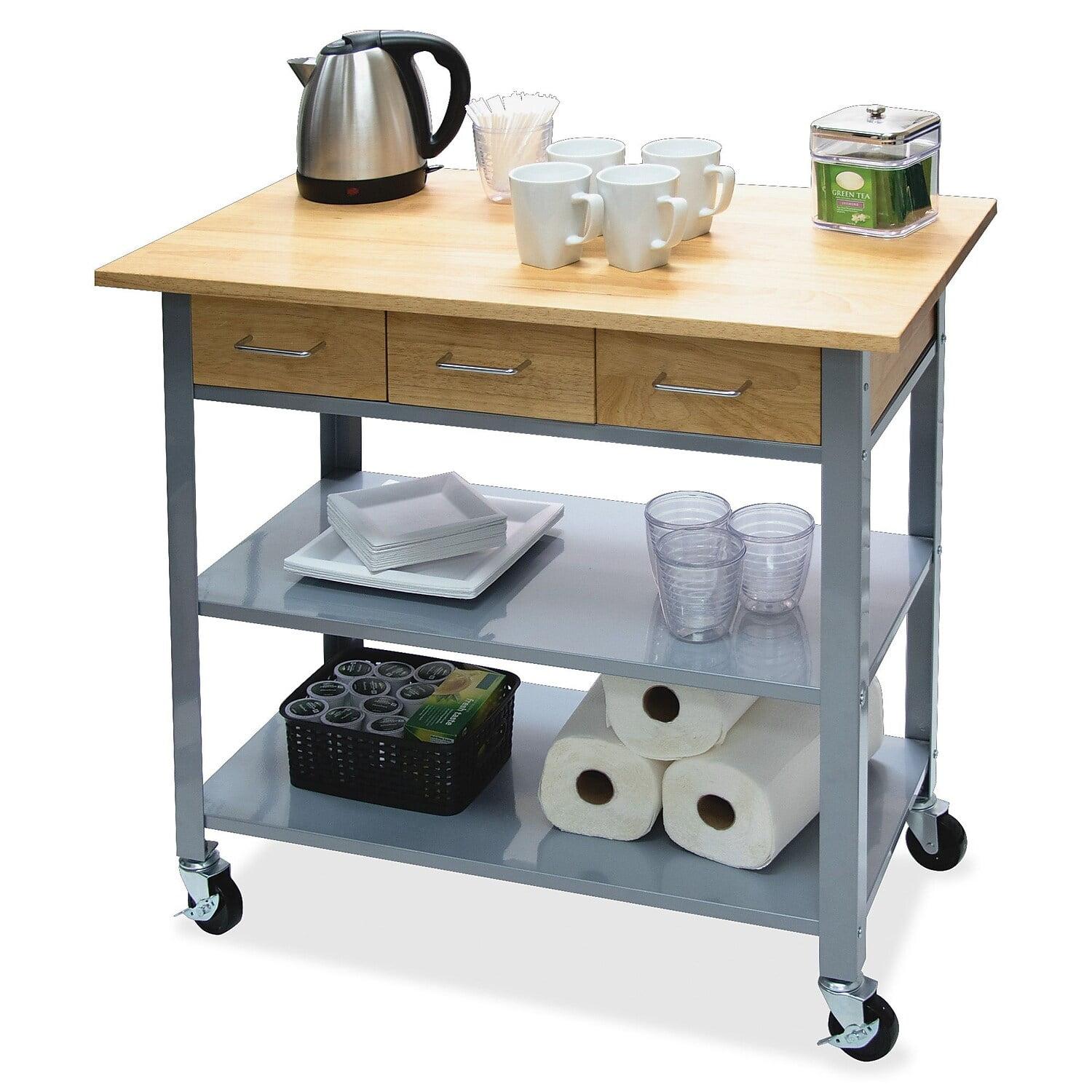 Vertiflex VF53039 3 Shelves 3 Drawers 35.5 in. x 19.75 in. x 34.25 in. Wood Countertop Serving Cart - Oak/Gray